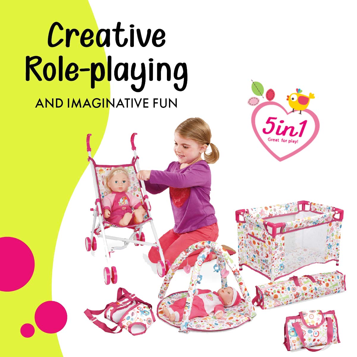 5-in-1 Baby Doll Stroller Playset with Carrier & Mat - Pretend Play for Kids