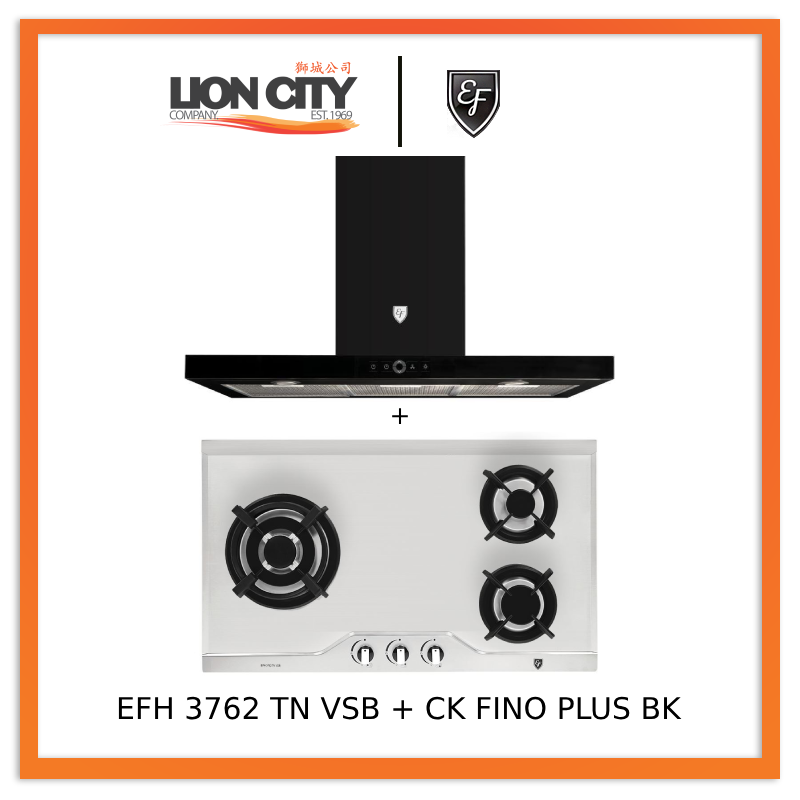 EF 90cm Chimney Range Hood CK FINO PLUS BK & EF EFH 3762 TN VSB 78cm Built-in Stainless Steel Gas Cooktop - Perfect for Modern Kitchens & Professional Cooking