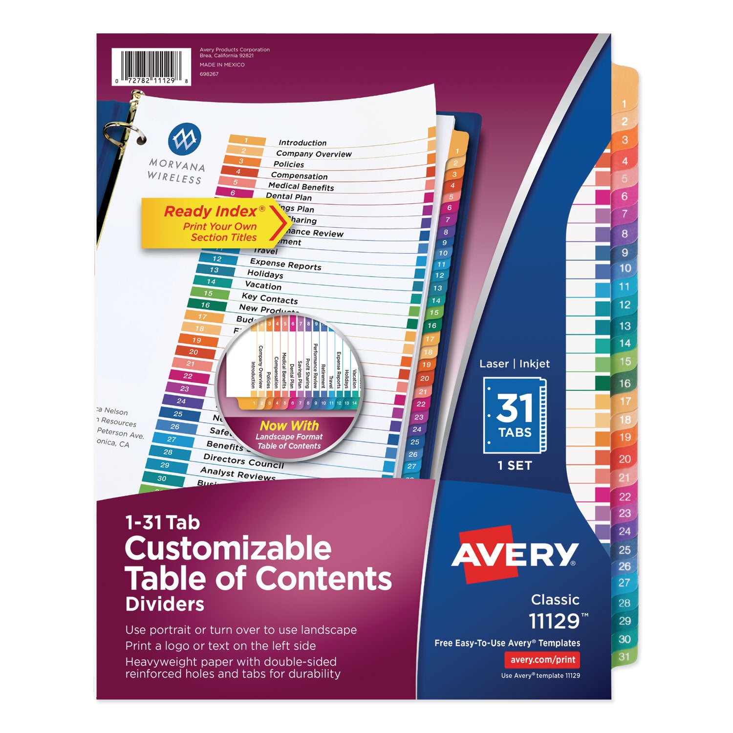 Avery® Customizable TOC Ready Index Multicolor Tab Dividers - 31 Tabs (1-31), 11