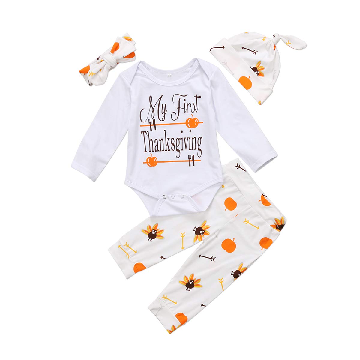 **Girl's Halloween Costume Set - White Long Sleeve Romper, Pumpkin Print Pants, Hat & Headband - Cute Outfit for Trick-or-Treating, Parties & Photo Shoots**