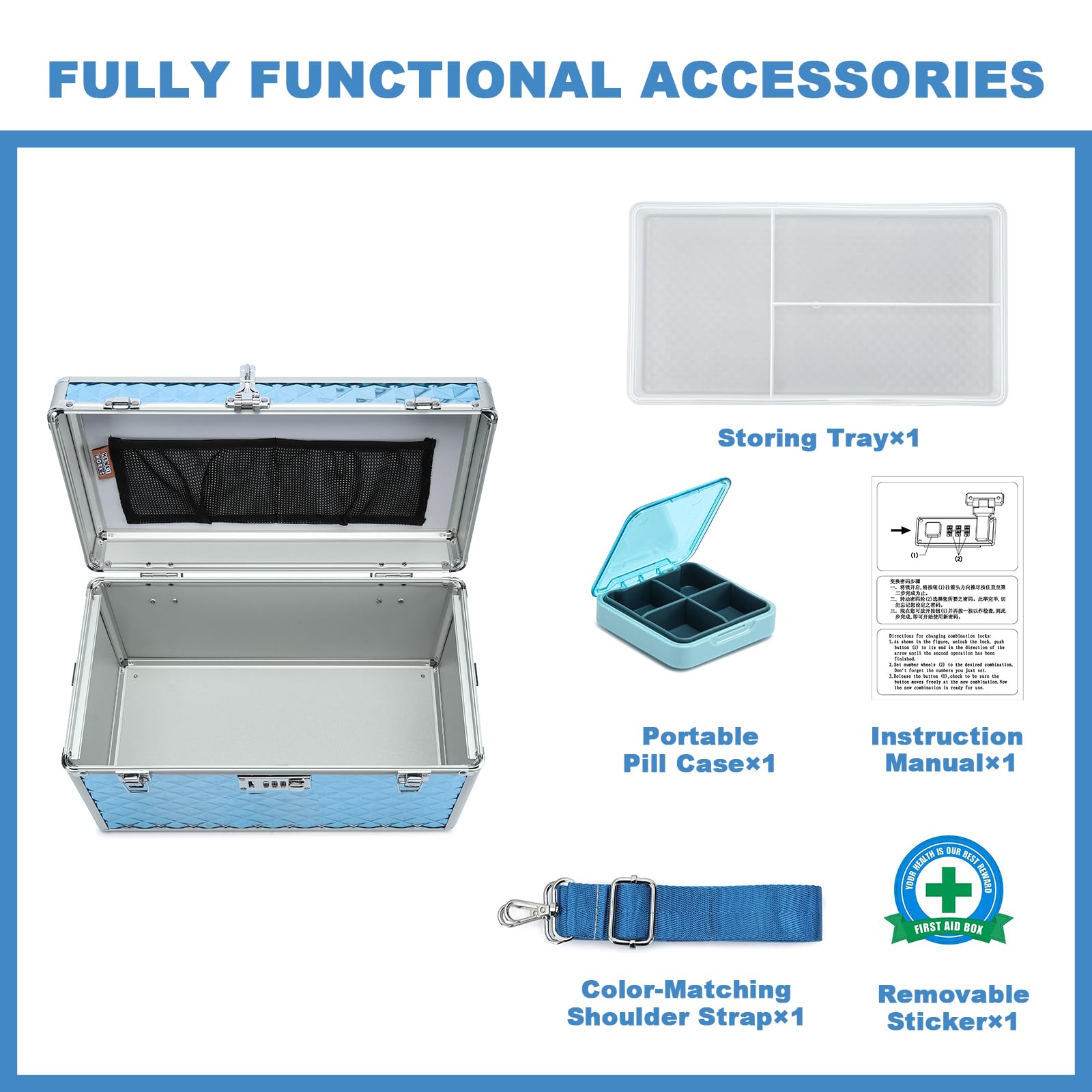 Secure Combination Lock Storage Box - Large Lockable Medicine & First Aid Organizer for Home, Travel, Camping - Durable Safety Box for Valuables, Medications, Emergency Supplies (Blue, X-Large)