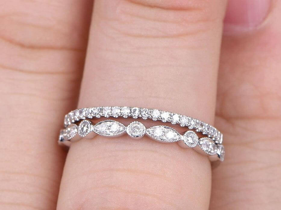 0.5 Carat 2-Piece Moissanite Diamond Wedding Ring Set - Art Deco Stackable Band Rings in 10K White Gold - Perfect for Engagement, Anniversary & Bridal Jewelry Gifts