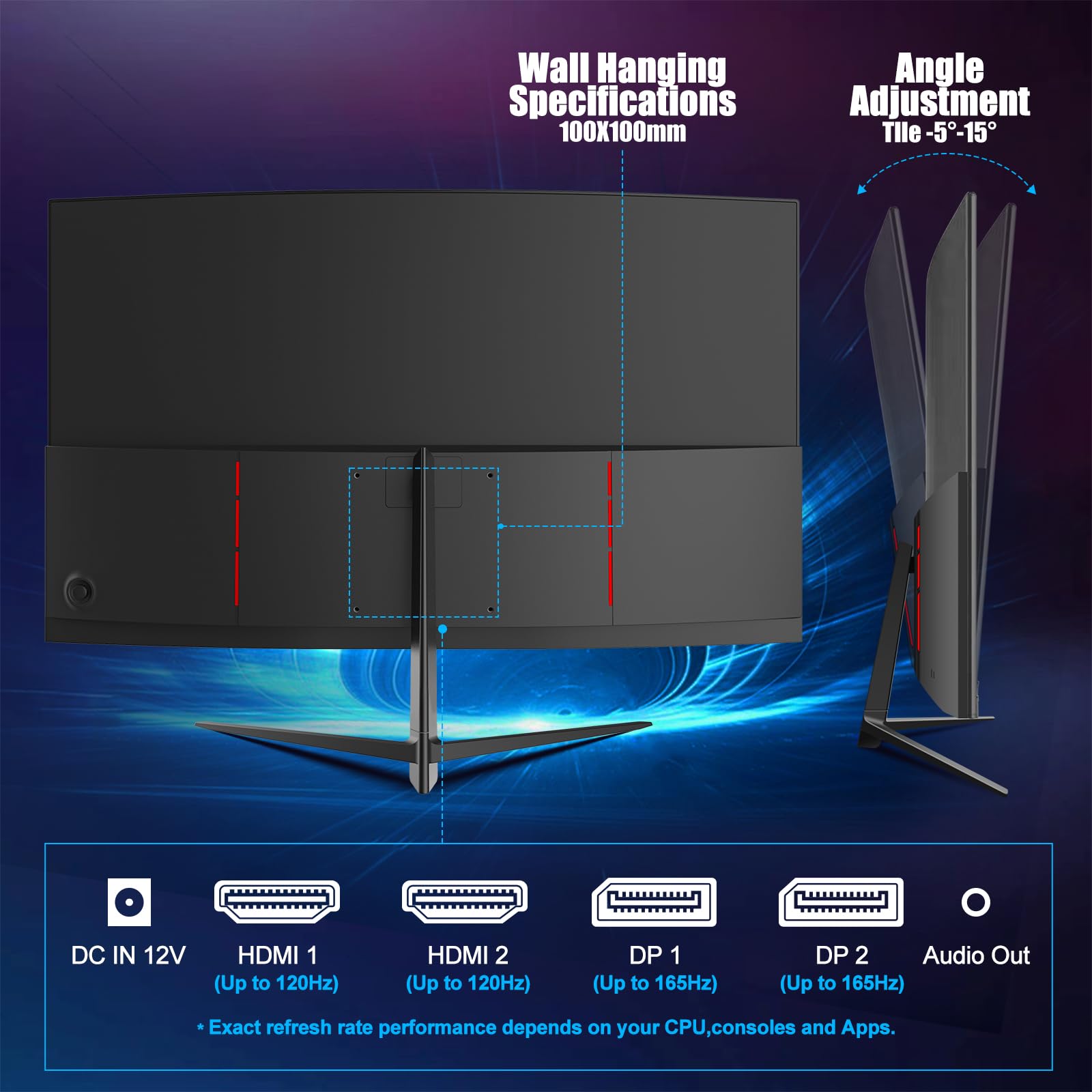 Gawfolk 27 Inch Curved Gaming Monitor QHD 165Hz, 2560x1440P Widescreen PC Monitor, 1800R Frameless Design with VESA, DP & HDMI - Perfect for Esports, Streaming & Home Office Setup