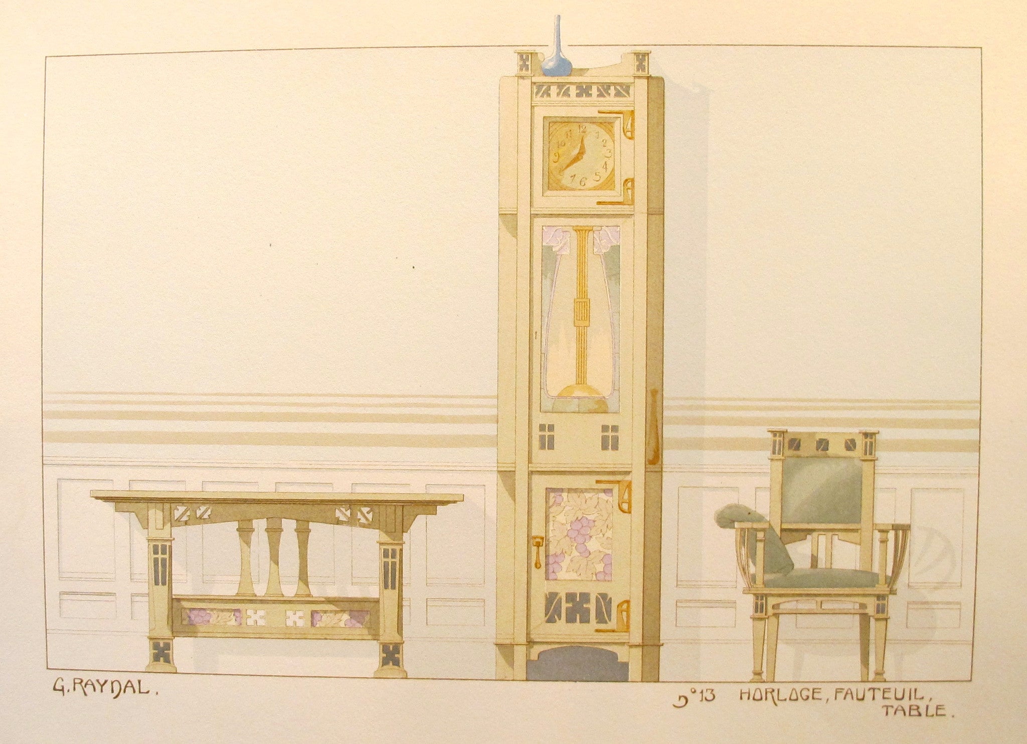 1900 French Art Nouveau Interior Design Print - Plate 13 Featuring Vintage Clock, Chair & Table by G. Raynal | Antique Home Decor for Living Room, Office & Gallery Display