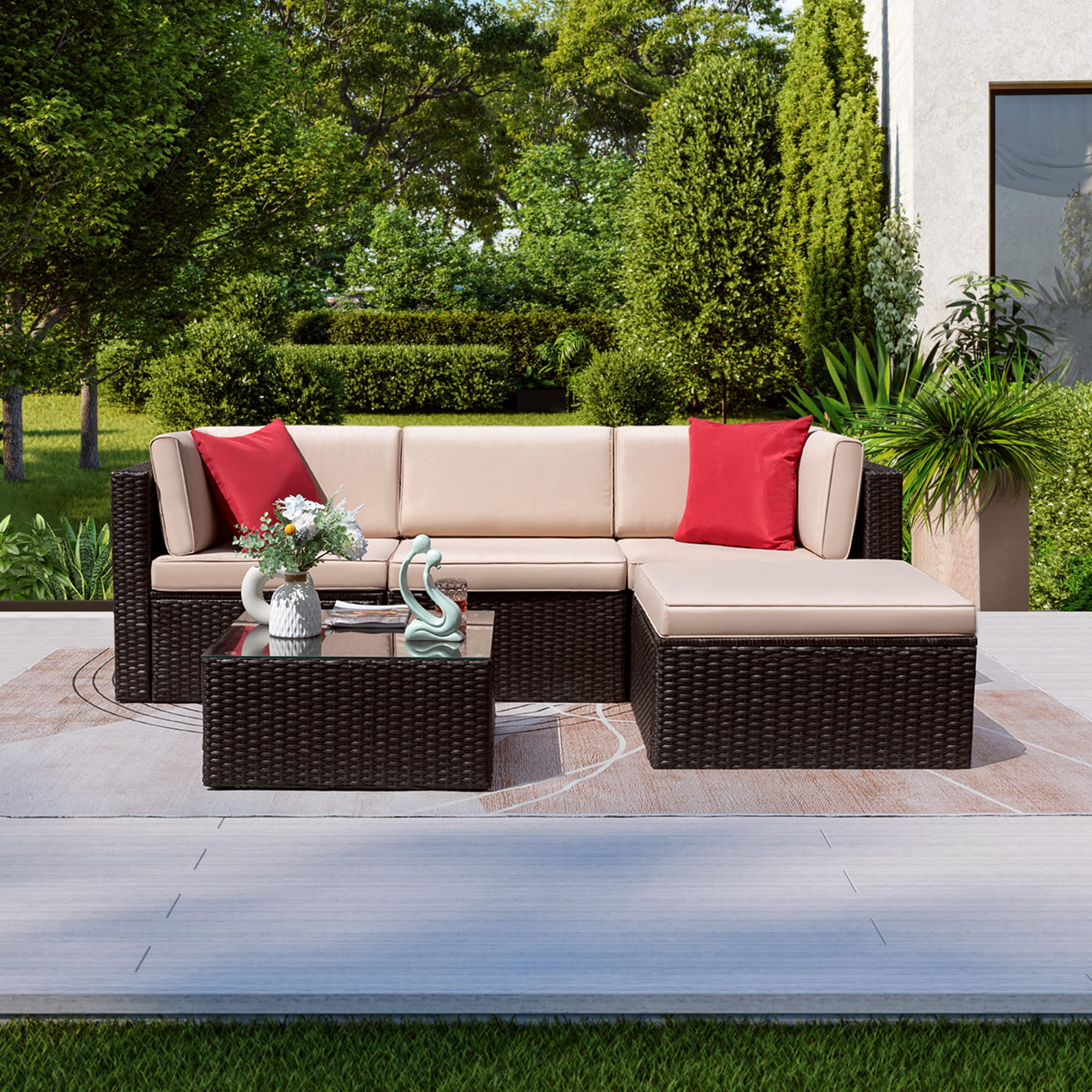Rankok 5-Piece Outdoor Patio Furniture Set - PE Rattan Wicker Sectional Sofa with Cushions, Beige - Perfect for Garden, Lawn, Backyard & Poolside Relaxation