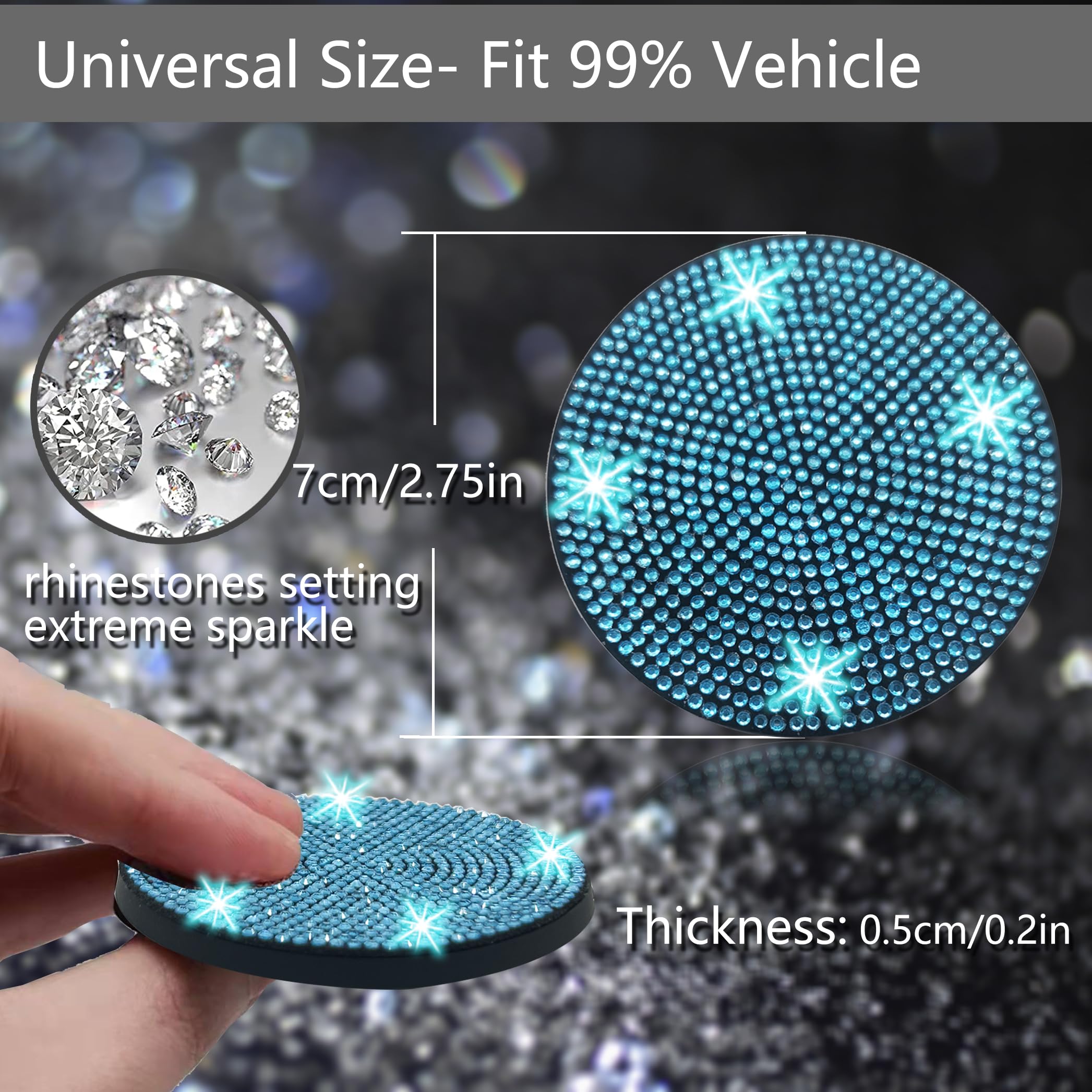 Bling Crystal Rhinestone Car Cup Holder Coasters - 2.75 Inch Anti-Slip Shockproof Universal Automotive Accessories for Women (2 Pack, Aquamarine) - Perfect for Luxury Cars, SUVs & Travel Mugs