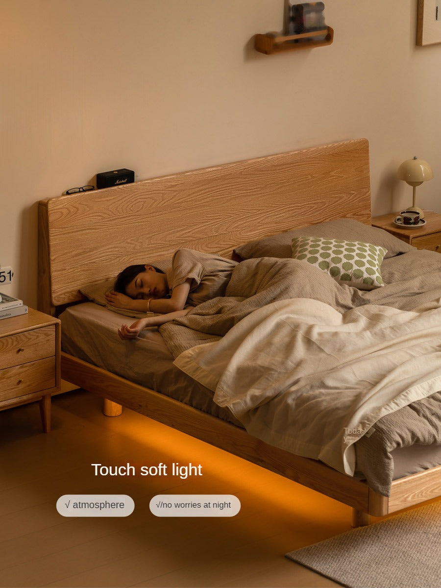 Solid Oak Wood Modern Floating Bed Frame - Queen Size, Sturdy Platform Bed with LED Lights for Bedroom, Living Room, Guest Room