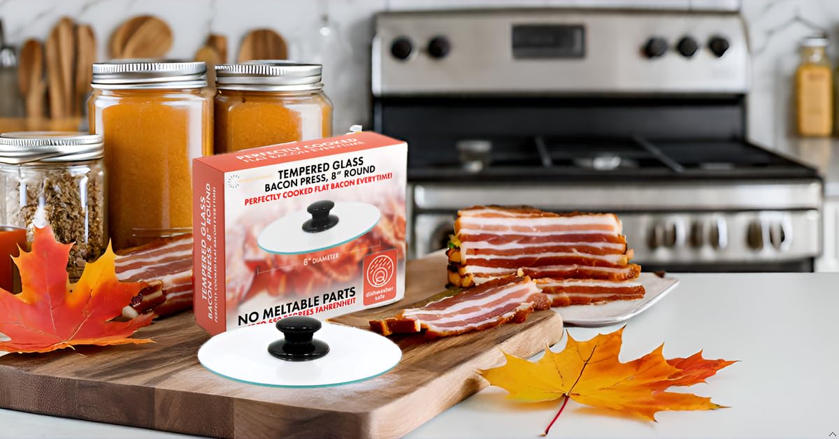 10 Inch Round Tempered Glass Bacon Press & Splatter Shield by Northwest Enterprises - Perfectly Cooked Flat Bacon Every Time for Breakfast, Burgers & Sandwiches