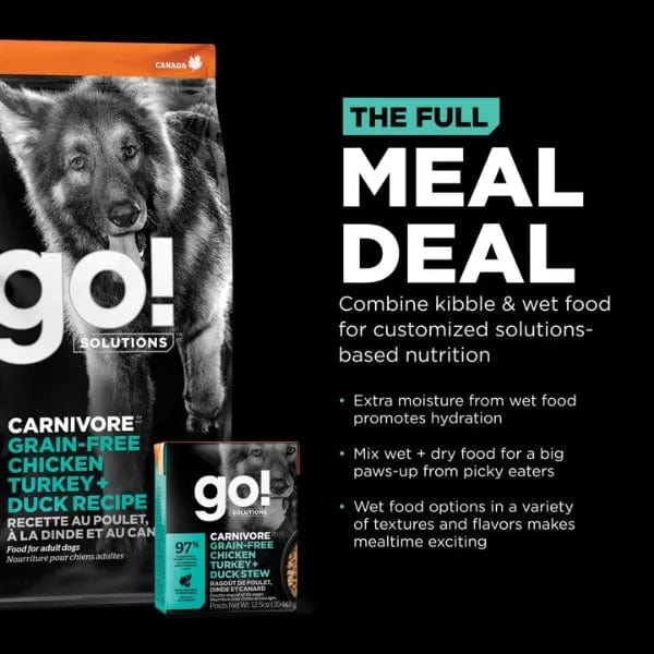Go! Solutions Carnivore Grain-Free Dry Dog Food with Chicken, Turkey & Duck - High Protein Recipe for Active Dogs - Perfect for Large Breeds & Sensitive Stomachs - Ideal for Daily Feeding & Training Rewards