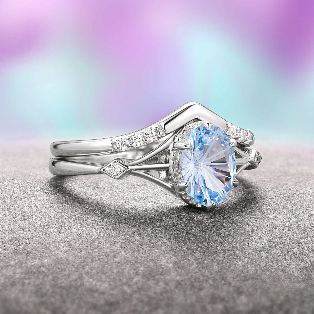 14K White Gold Celtic Aquamarine Ring Set - Fantasy Cut Gemstone Jewelry for Women, Perfect for Weddings, Anniversaries & Special Occasions