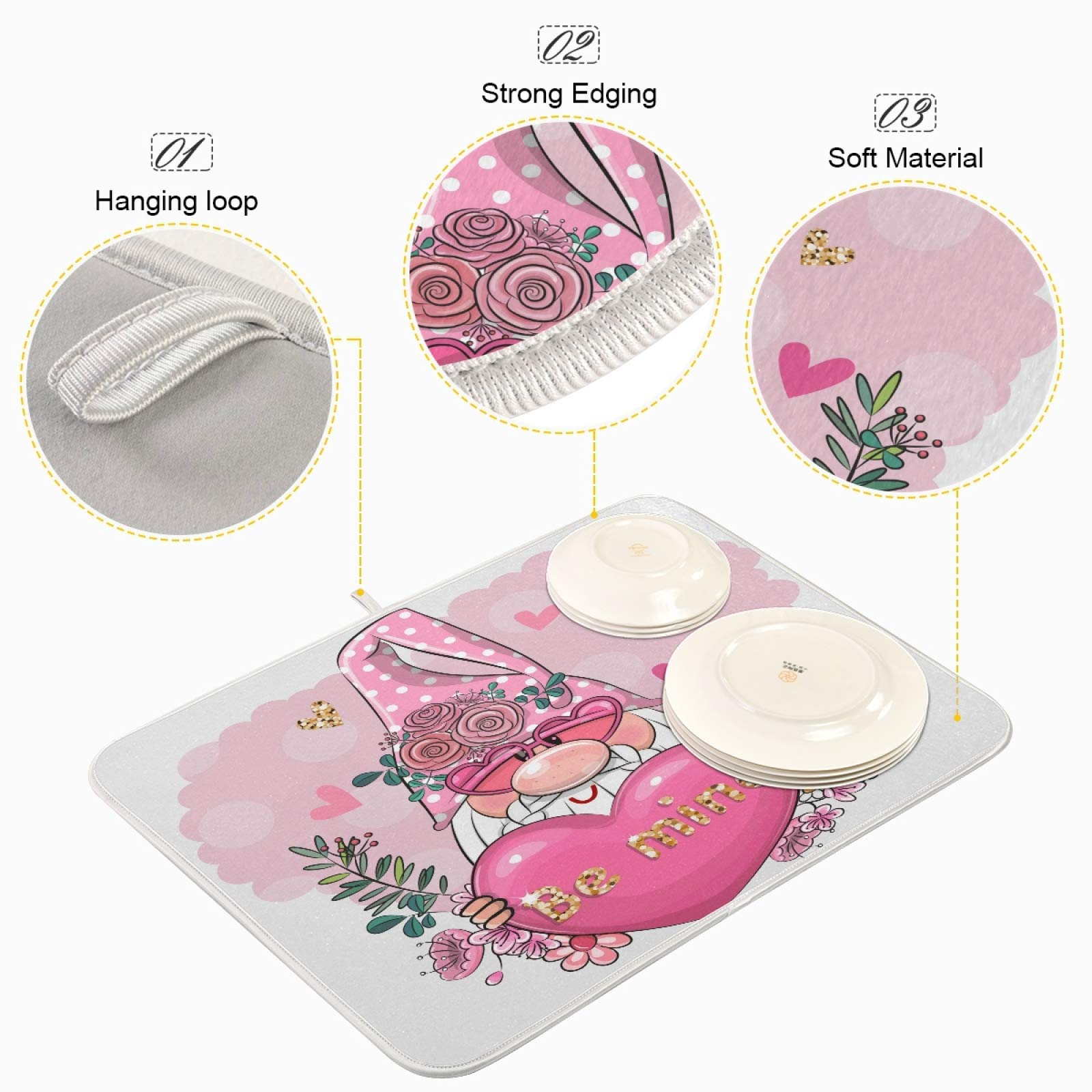 Valentine's Gnome Dish Drying Mat - Pink Heart Absorbent Kitchen Mat (16x18