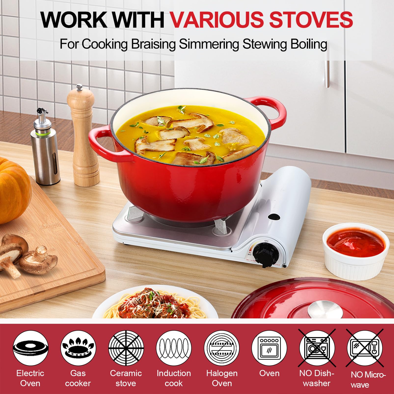 P&P CHEF Enameled Cast Iron Dutch Oven 7QT - Red Enameled Casserole Pot with Lid for Baking Bread, Roasting, Braising, Stewing, Frying & Simmering - Oven, Stovetop & Induction Safe - Easy to Clean - Perfect for Home Cooking, Camping & Outdoor Use