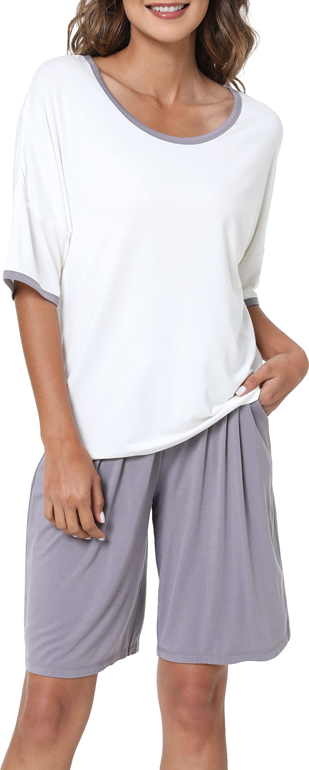 LazyCozy Women's Bamboo Viscose Pajama Set - Short Sleeve & Shorts for Sleep & Lounge
