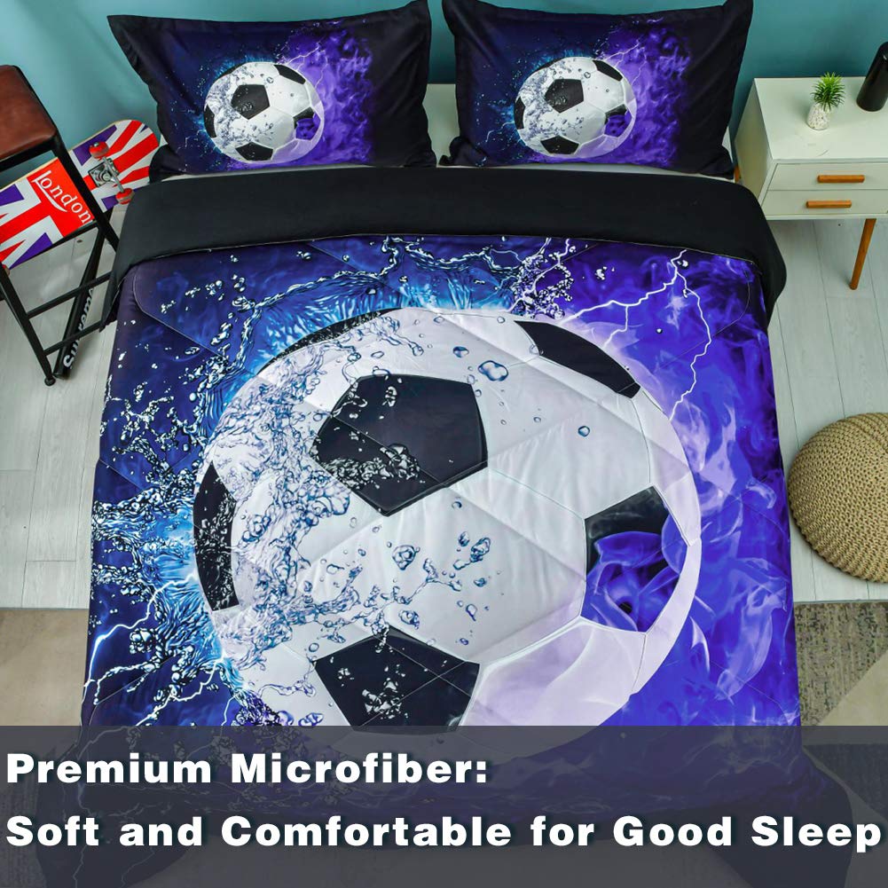 Andency Twin Soccer Comforter Set (66x90 Inch) - 2 Piece Blue Flame Soccer Bedding with Pillowcase | Soft Microfiber Sports Themed Comforter for Boys, Girls, Kids & Teens | Perfect for Bedrooms, Dorms, Sleepovers & Soccer Fans