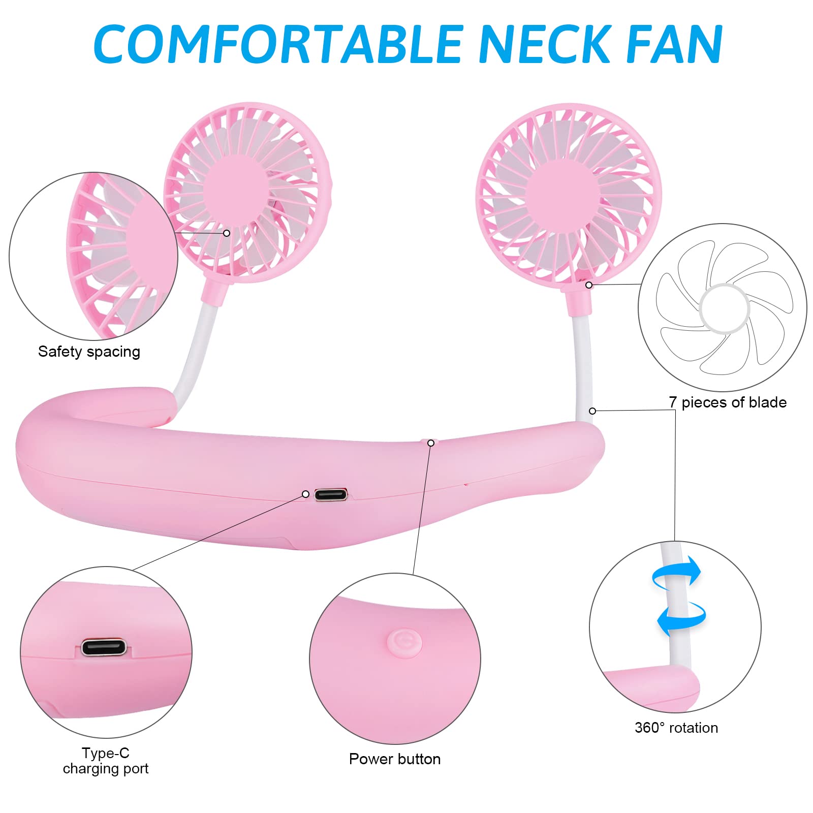 Portable Neck Fan with USB Rechargeable Battery - 360° Dual Head Hands-Free Personal Fan, 3-Speed Adjustable, Lightweight Mini Wearable Fan for Office, Travel, Outdoor, Gym & Home Use - Perfect Cooling Solution for Work, Reading & Exercise
