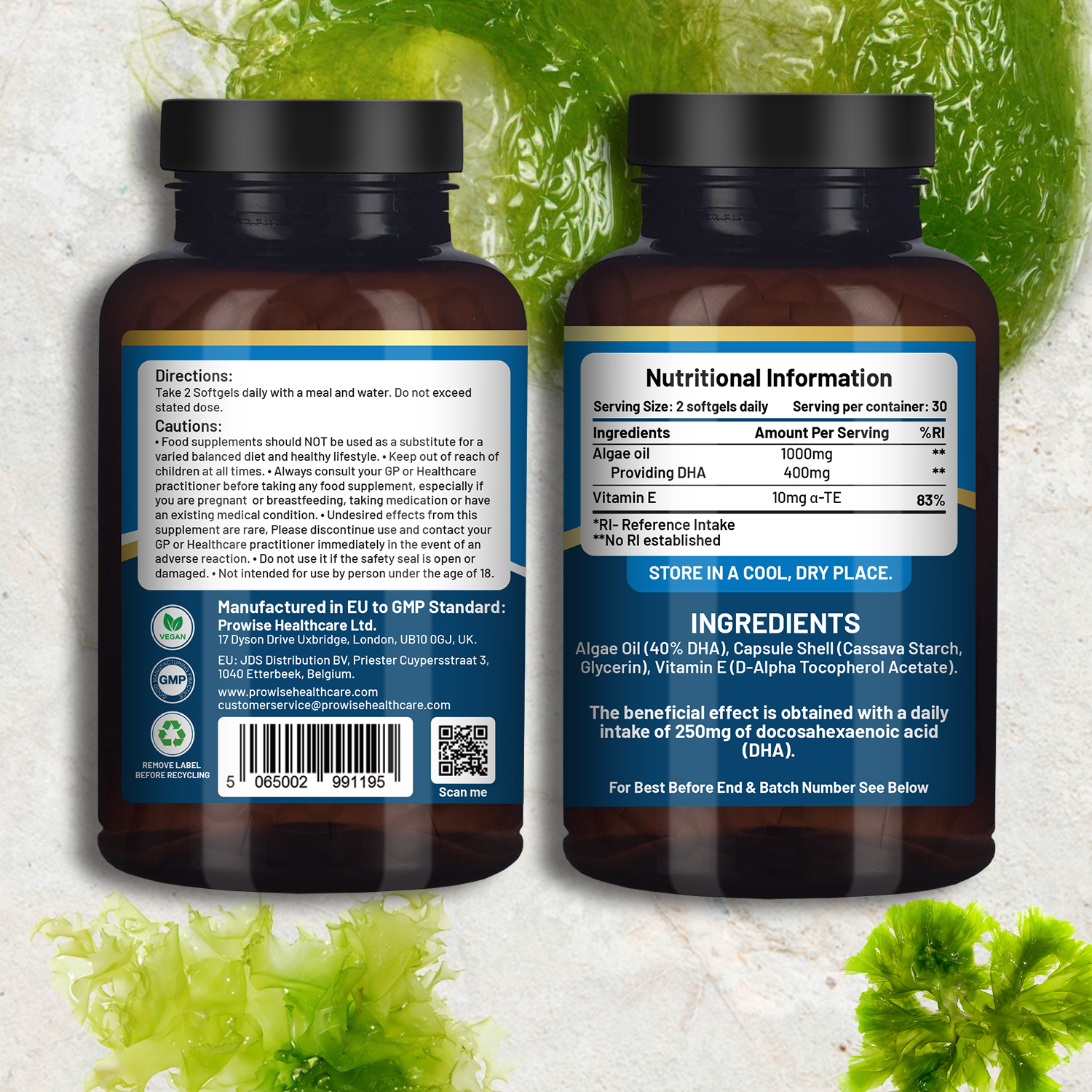 Prowise Vegan Omega 3 DHA Algae Oil Supplement | 60 Softgels with 400mg DHA + 10mg Vitamin E | Plant-Based Brain, Eye & Joint Support | Non-GMO, Sustainable | Perfect for Vegan Diets & Active Lifestyles