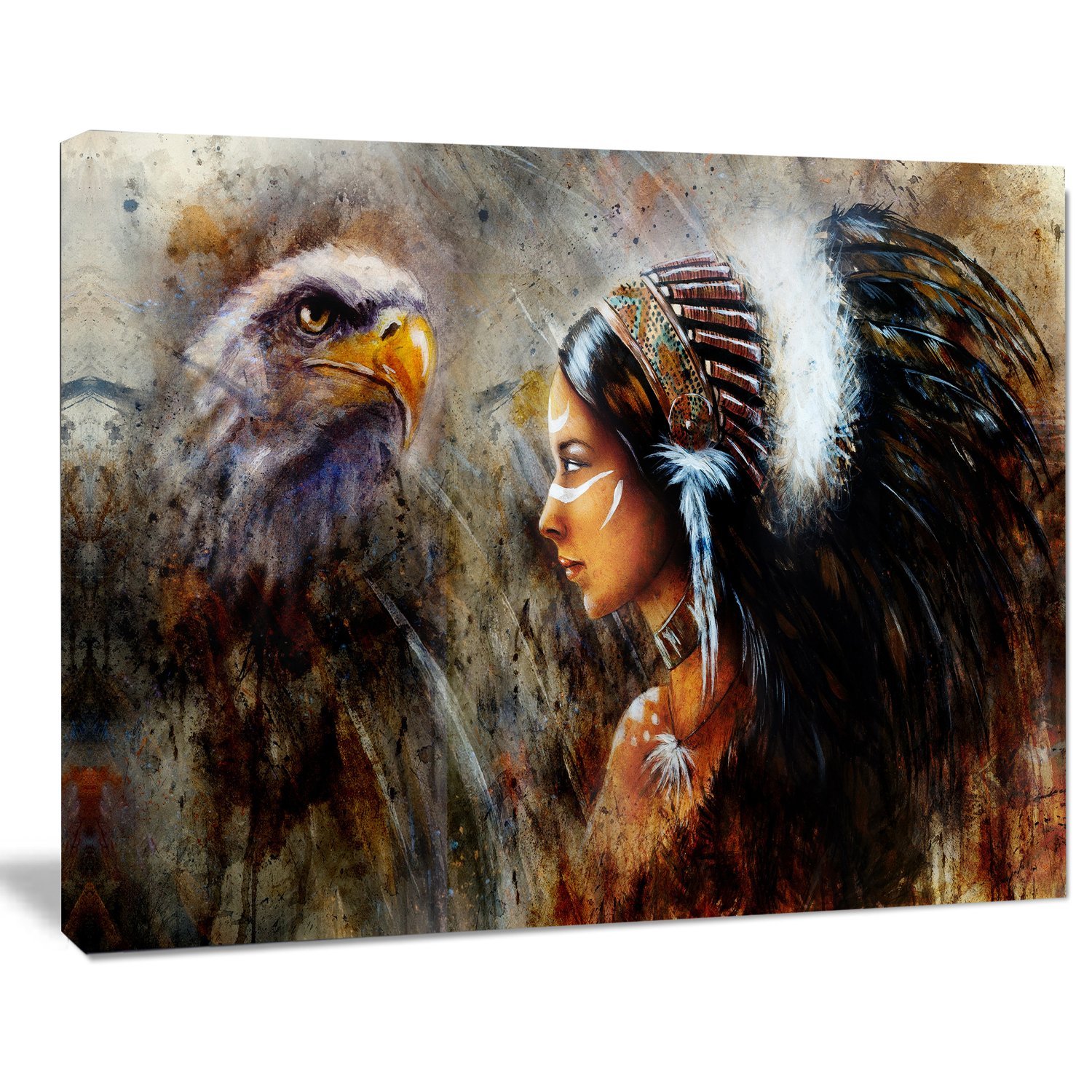 Authentic Indian Woman with Feather Headdress Canvas Art - Native American Wall Decor for Living Room, Bedroom & Office