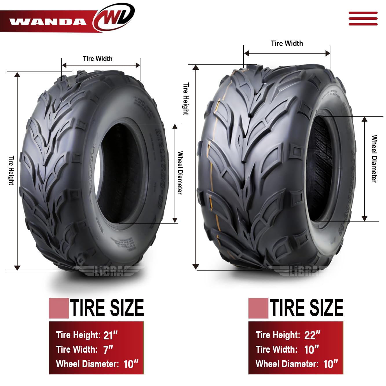 WANDA Full Set Sport ATV Tires 21x7-10 & 22x10-10 for Arctic Cat 150 250 - Durable Off-Road Tires for Trail Riding, Mudding, and Outdoor Adventures