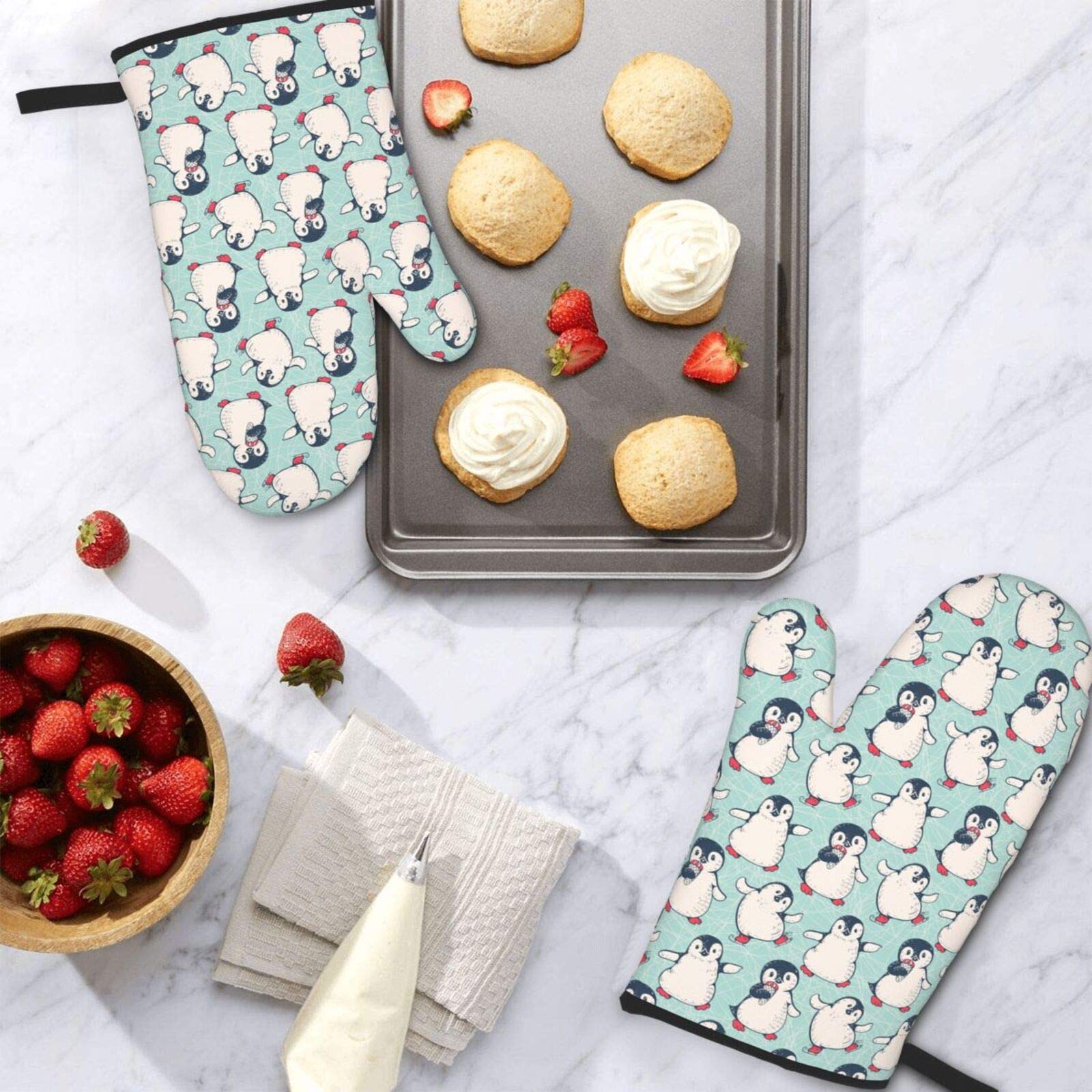 Heat Resistant Oven Mitts Set of 2 - Non-Slip Penguin Design Kitchen Gloves for Baking, Grilling & Cooking - Perfect for Holiday Baking & BBQ Parties