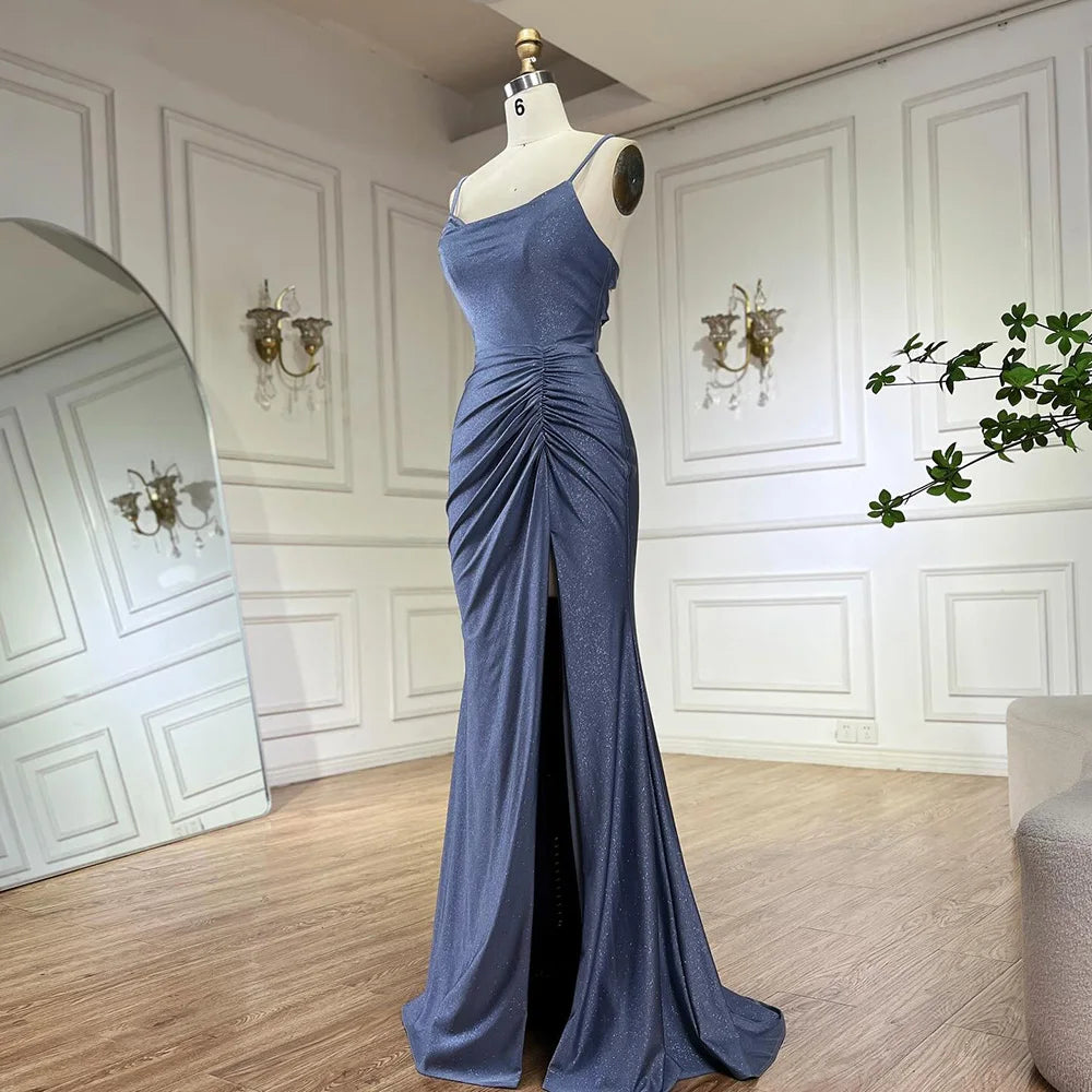 Elegant Dubai Saudi Arabic Blue Spaghetti Strap Mermaid Evening Gown with High Slit - Formal Dress for Prom, Wedding, Gala & Special Occasions