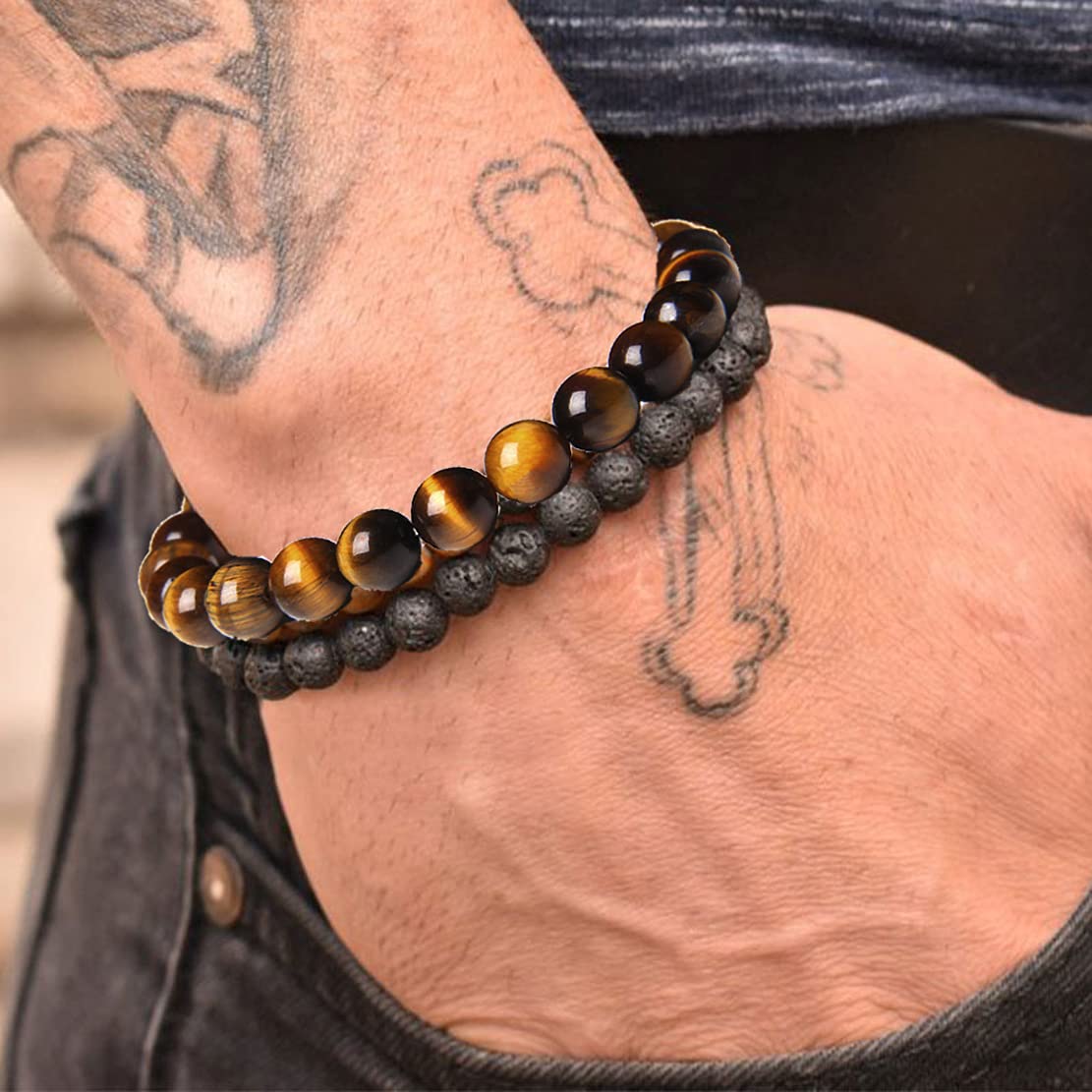 WAINIS 10 Pack Lava Rock Beaded Bracelets for Men & Women - Tiger Eye, Hematite, Black Onyx Matte Beads - Essential Oil Diffuser, Anxiety & Stress Relief Bracelets - Bulk Set for Yoga, Meditation & Daily Wear