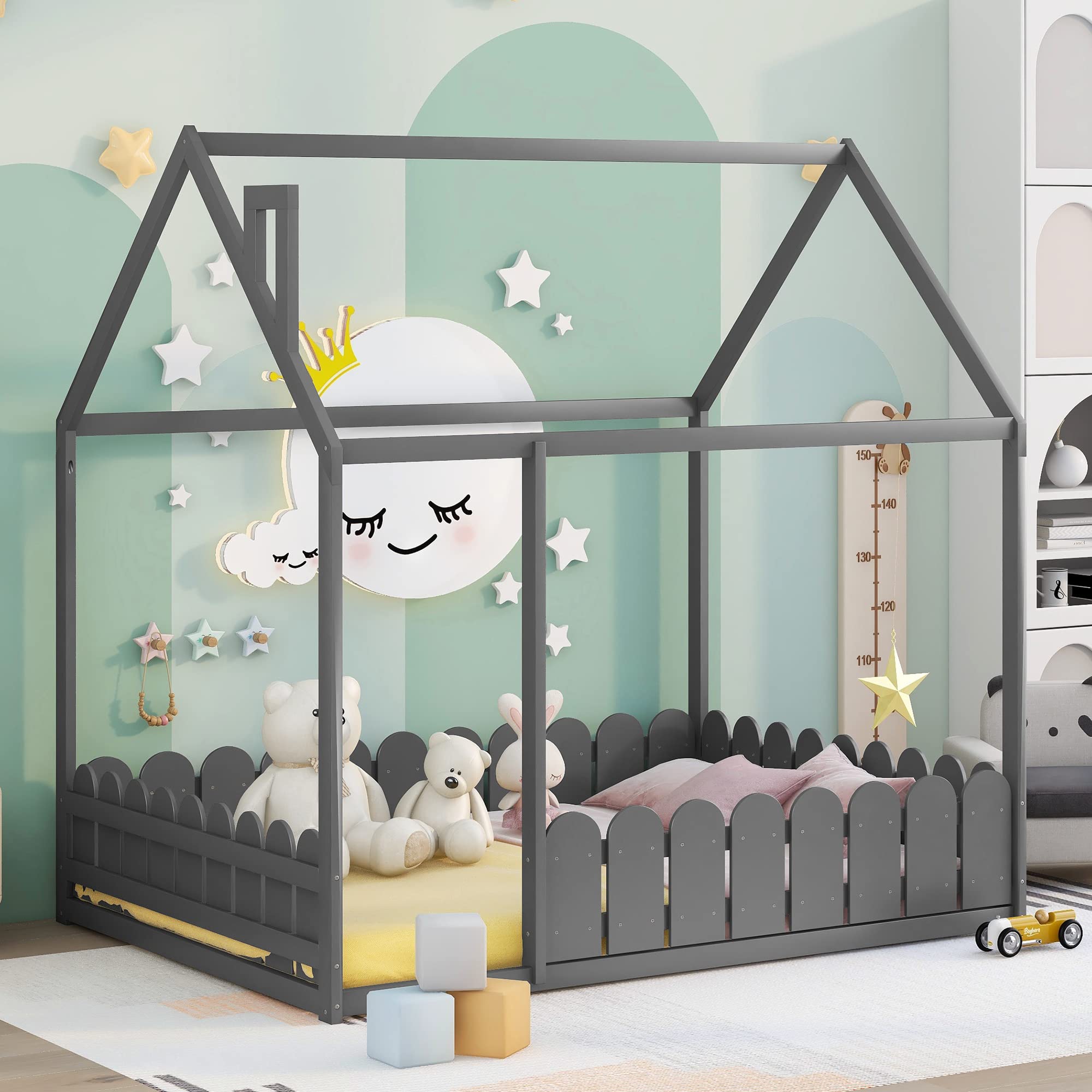 Harper & Bright Designs Full Size House Bed for Kids & Teens - Pine Wood Roof, Fence-Shaped Guardrails, Cabin & Floor Bed Frame - Grey (Perfect for Bedrooms, Playrooms & Montessori Spaces)