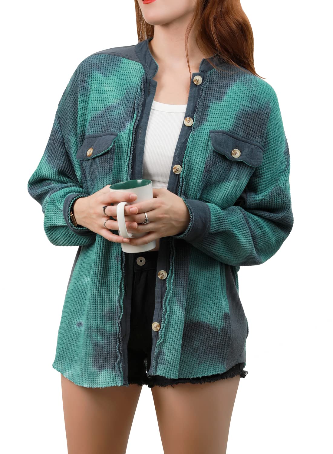 Women's Loose Fit Batwing Sleeve Waffle Knit Button Down Shirt Shacket - Casual Oversized Tops for Fall & Winter Layering, Workwear & Street Style Outfits