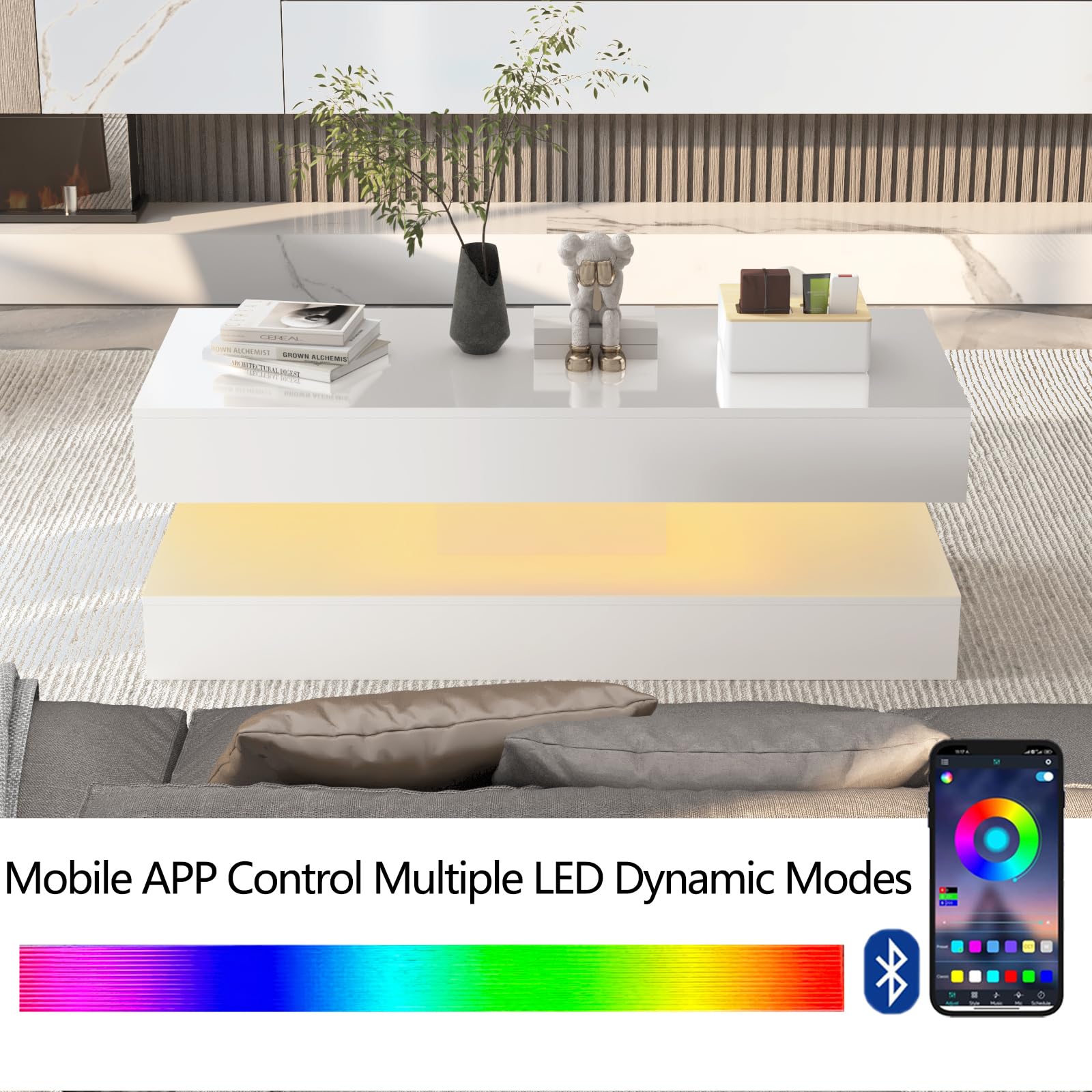 **Uspeedy 47.3 Inch High Glossy LED Coffee Table with APP Control, Modern Black/White Living Room Furniture - Perfect for Home Decor, Parties & Nighttime Ambiance (White)**