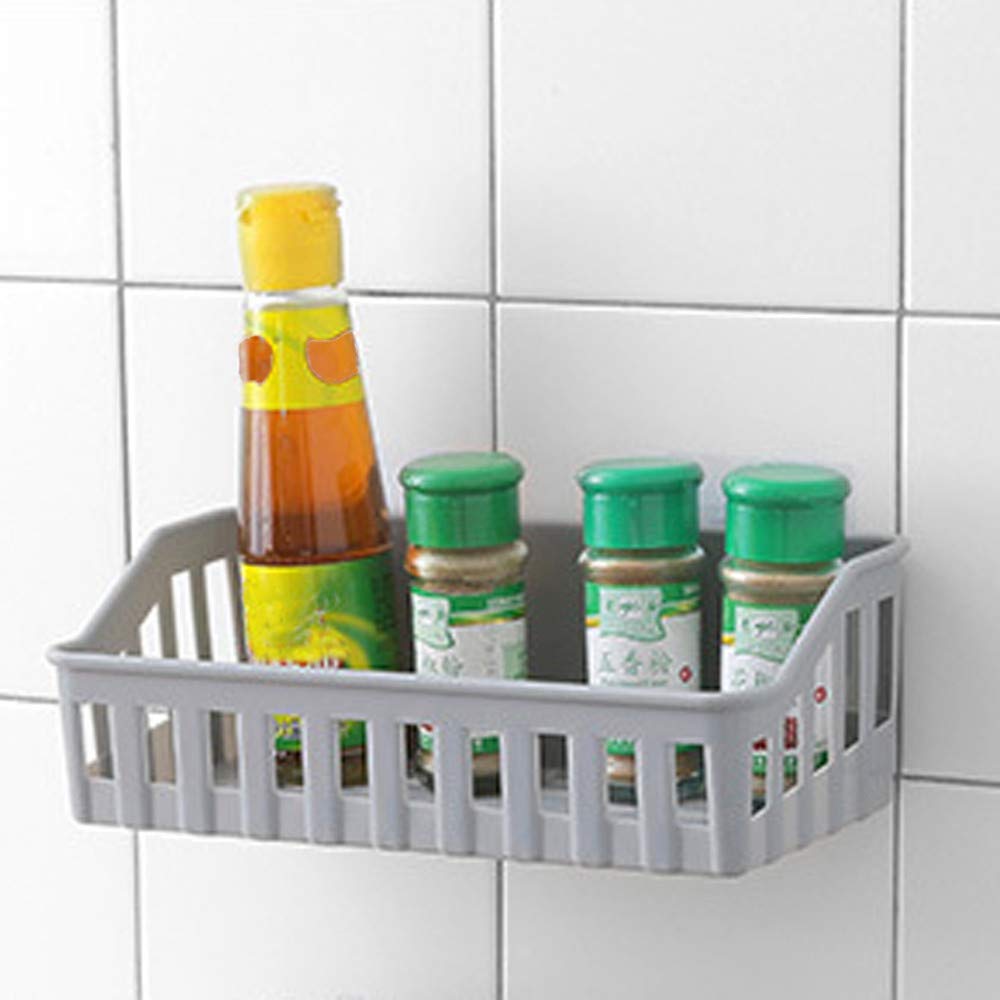 No Drill Adhesive Bathroom Shelf with Hooks - Wall Mounted Shower Organizer & Kitchen Spice Rack - Space Saving Corner Storage for Bath Essentials, Shampoo, and Spices (White) - Perfect for Small Bathrooms, Showers, and Kitchen Pantries