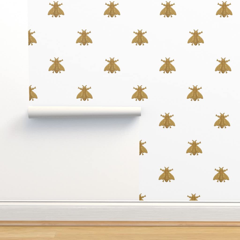 Peel & Stick Wallpaper Swatch - Bees White Antique Gold French Bee Insect Nature Vintage Custom Removable Wallpaper by Spoonflower | Perfect for Nursery, Bedroom, Living Room & Home Decor