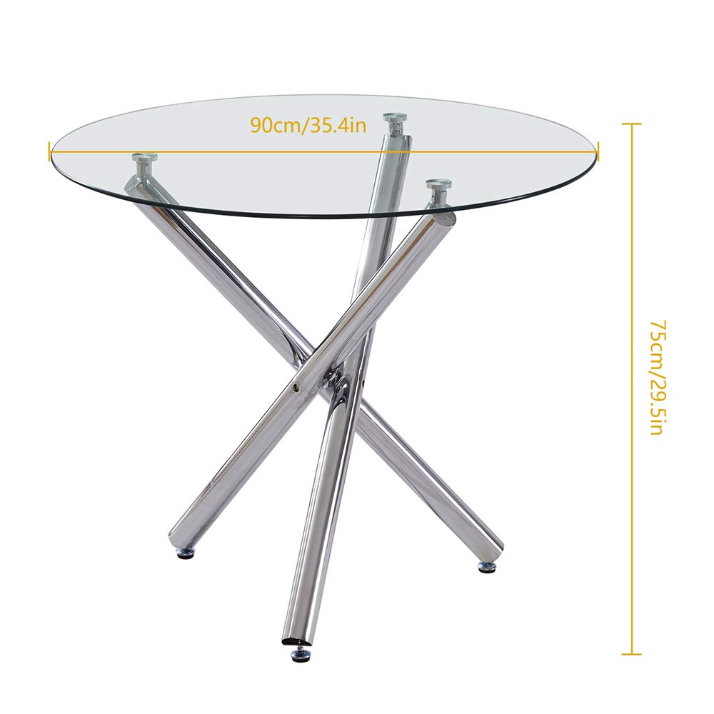 Modern Round Clear Tempered Glass Dining Table with Chrome Legs - Kitchen & Small Dinette Table for 4/6/8 People - Perfect for Breakfast Nooks, Apartments & Cozy Family Meals