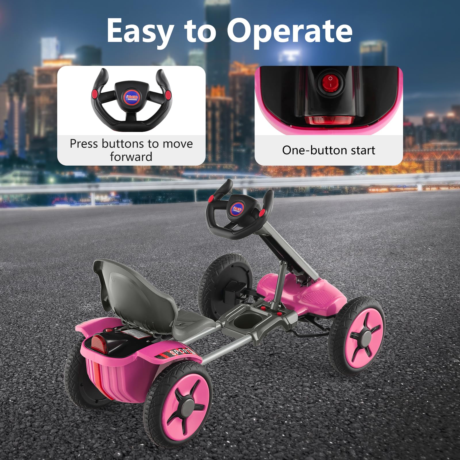 OLAKIDS 12V Electric Go Kart for Kids Ages 2-5 - Adjustable Seat, Steering Wheel & Folding Wheels with LED Lights & Detachable Cup Holder - Pink Ride On Car for Boys & Girls | Perfect for Backyard Play, Birthday Gifts & Outdoor Family Fun