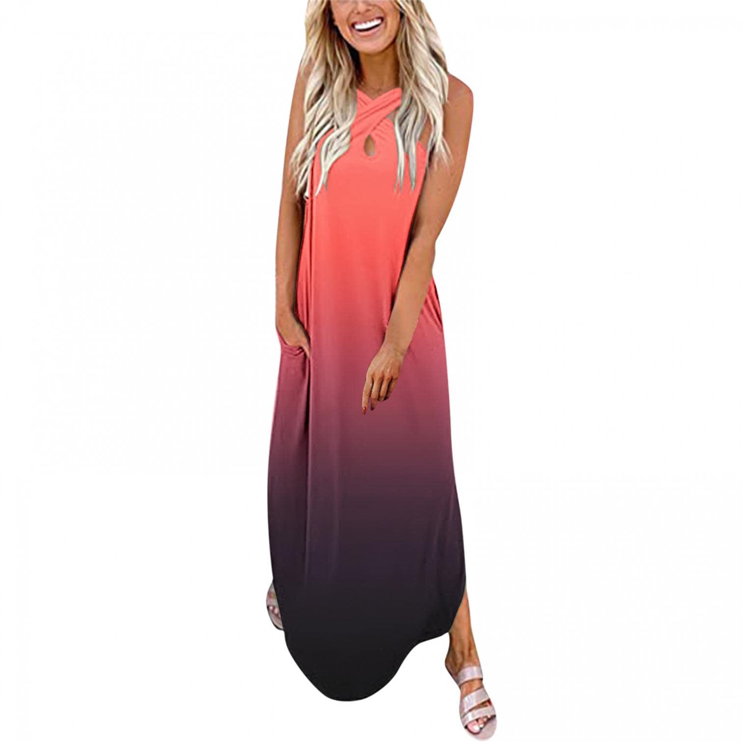GUOBIOZIY Flowy Spaghetti Strap Maxi Dress for Women - Sexy Summer Beach Party Dress, Casual Sundress for Petite Women | Perfect for Vacations, Date Nights & Outdoor Events