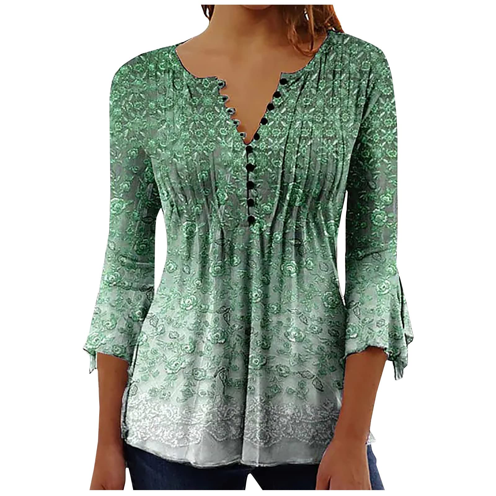 Trendy Women's Summer Tops - 3/4 Sleeve V-Neck Button-Up Blouses with Pleated Floral Design | Casual Wear, Office Outfits & Summer Vacation Style