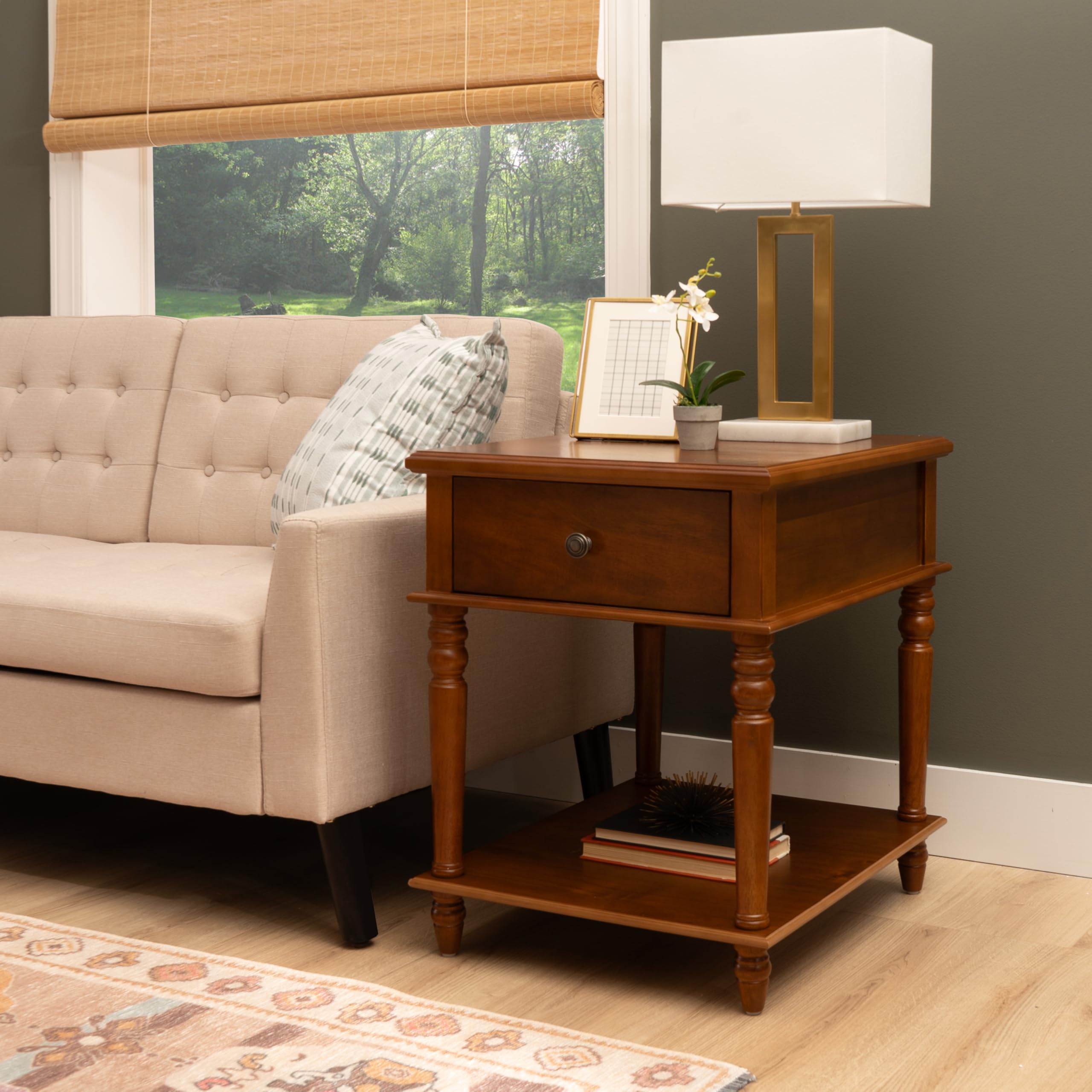 Powell Modern Classic Vivian Side Table - Solid Wood Nightstand with Drawer, Hazelnut Finish for Bedroom, Living Room & Office