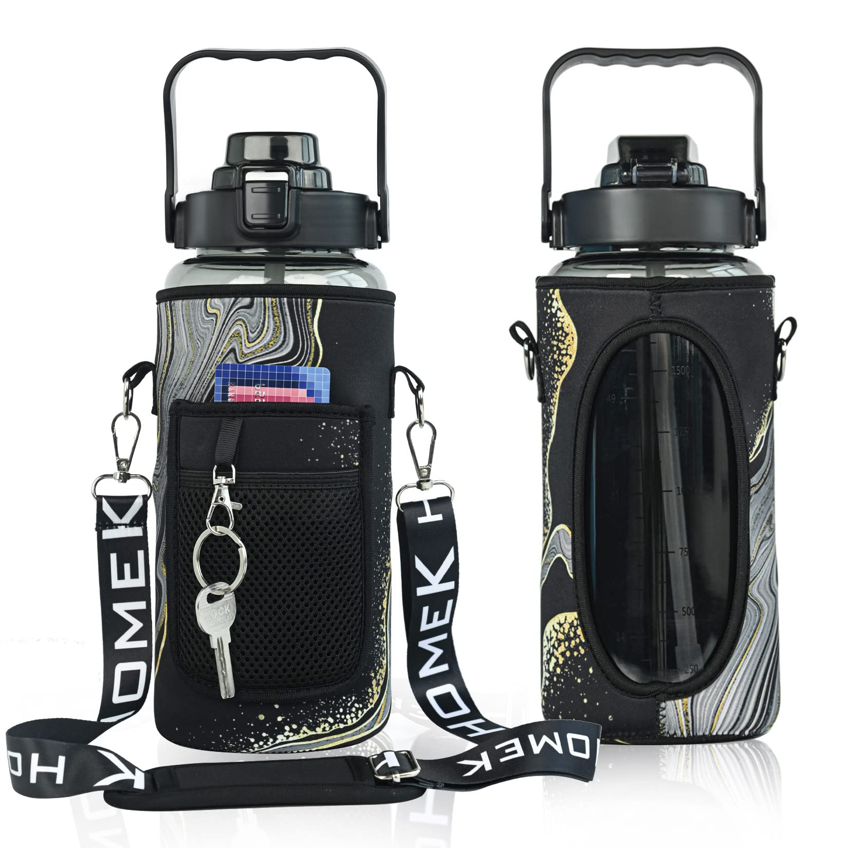 64 oz BPA Free Half Gallon Water Bottle with Straw & Time Marker - Insulated Leakproof Sports Jug with Neoprene Sleeve Holder - Perfect for Gym, Hiking, Workout & Outdoor Activities