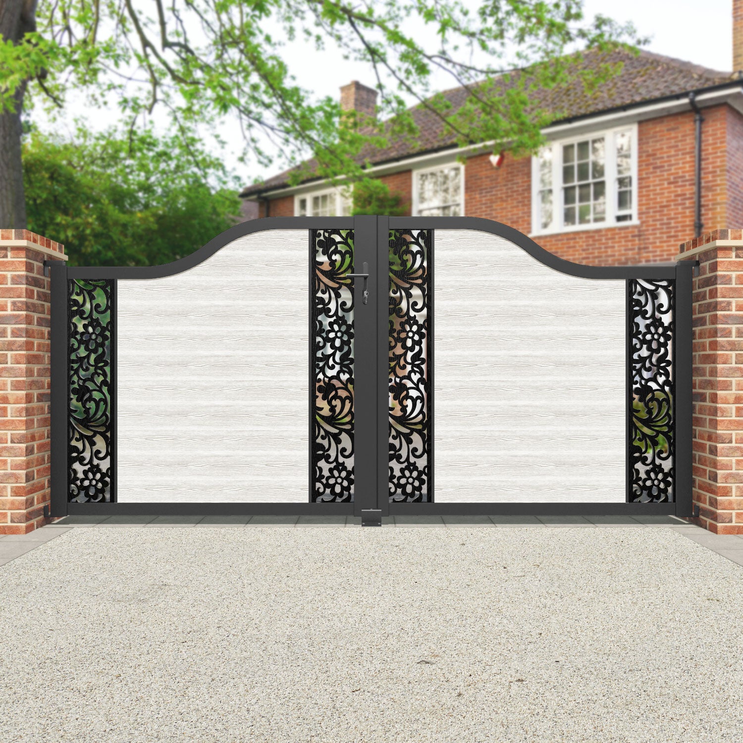 Classic Eden Curved Top Driveway Gate - Light Stone Finish with Middle & End Screen - Perfect for Home Security and Curb Appeal Enhancement