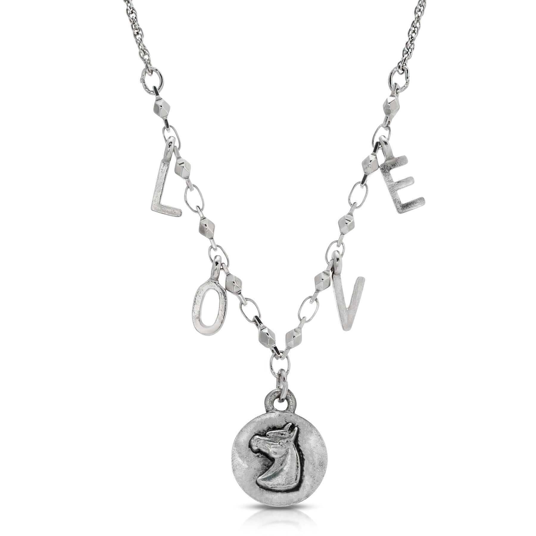 1928 Jewelry Petite Horse Head Pendant Necklace with LOVE Initials - 16 Inch Sterling Silver Chain, Perfect for Valentine's Day Gifts & Anniversary Presents