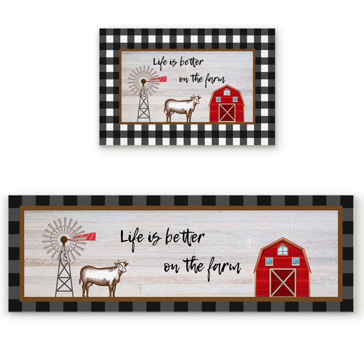 Farmhouse Kitchen Mats Set of 2 - Non-Slip Cushioned Anti-Fatigue Floor Rugs, Washable Kitchen Runner with Rustic Barn & Windmill Design - Perfect for Farmhouse, Country Style Kitchens and High-Traffic Areas
