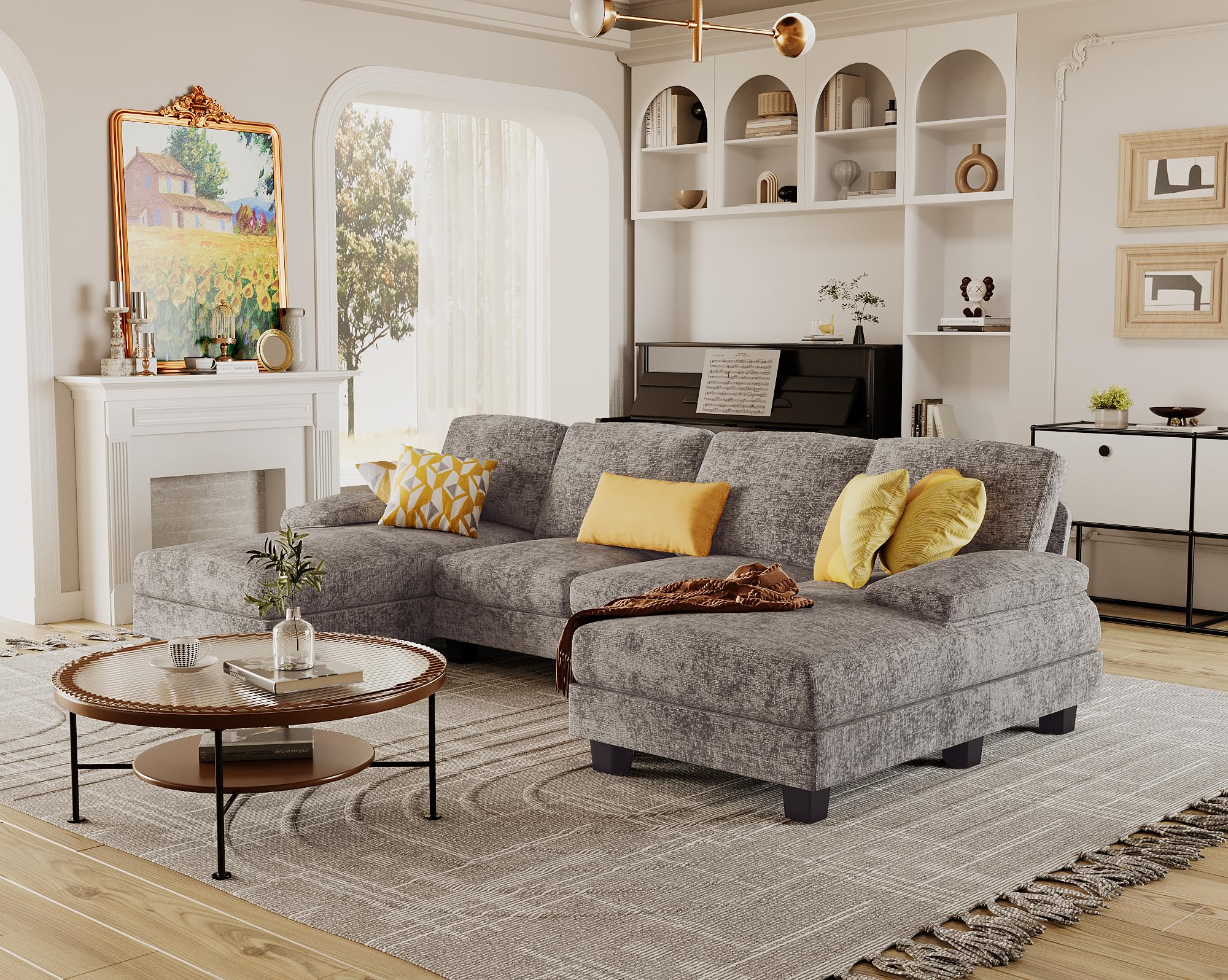 Furmax U-Shaped Sectional Sofa with Linen Fabric, 4-Seat Living Room Couch Set with Double Chaise Lounge - Modern Grey Fabric Sofa for Apartments & Small Spaces | Perfect for Family Gatherings, Movie Nights & Home Decor