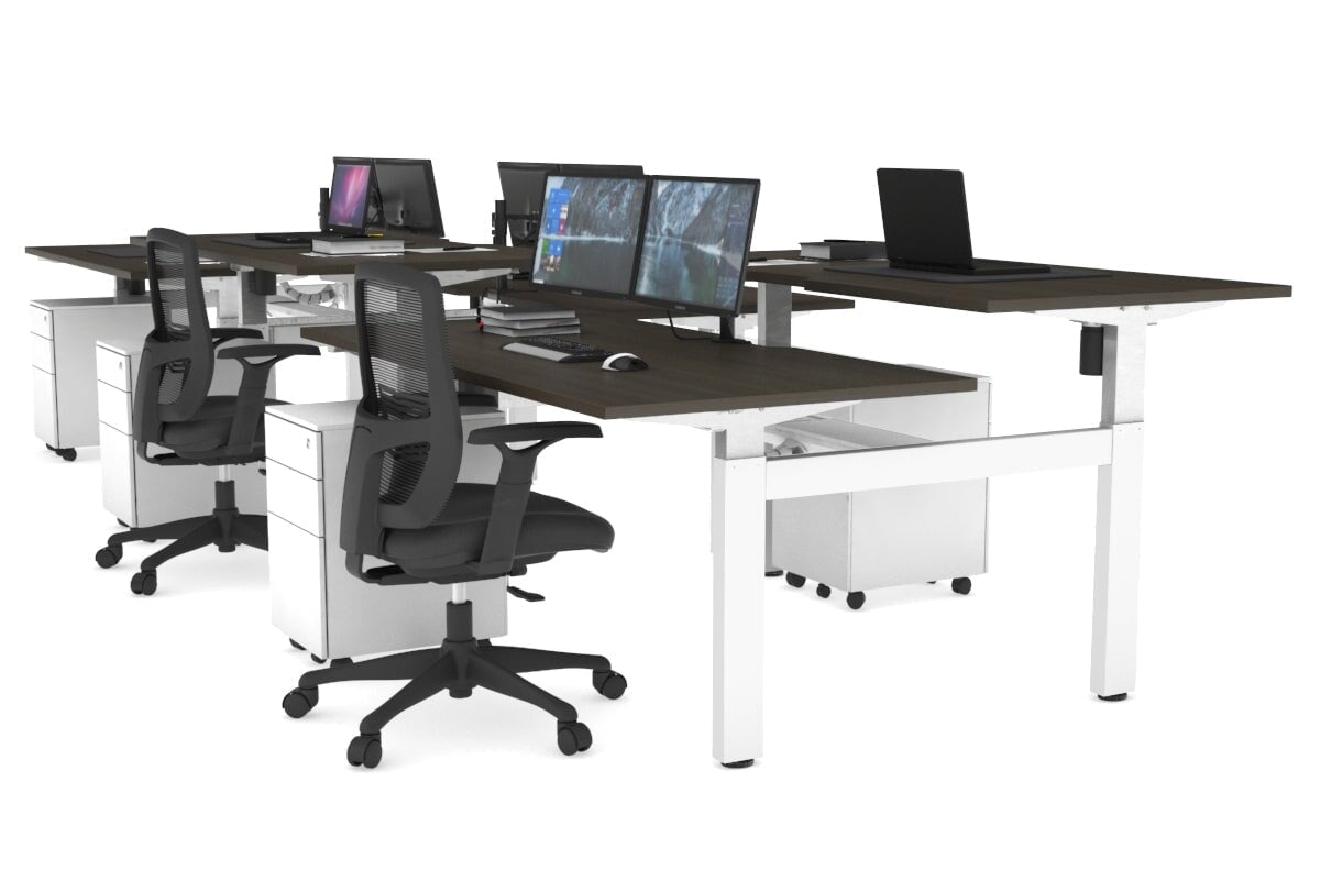 Adjustable 6-Person H Bench Workstation with White Frame - 1400L x 800W, Cable Management Scallop | Perfect for Office, Coworking Spaces & Home Offices