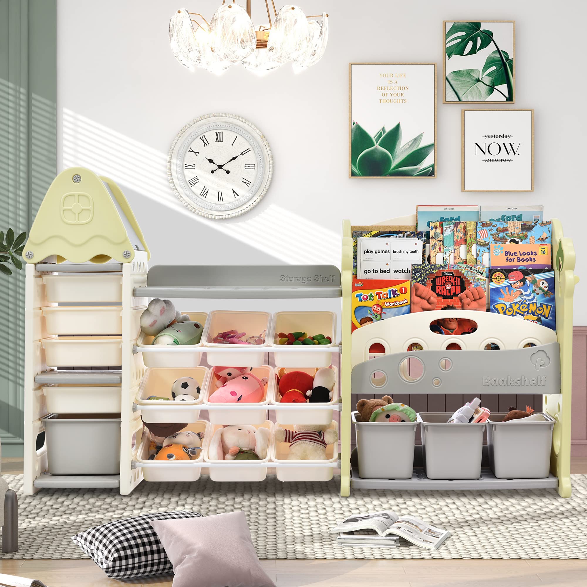 17-Bin Toy Storage Organizer & 4-Tier Kids Bookcase - Light Green All-in-One Children's Organizer Rack for Bedroom, Classroom & Playroom Organization