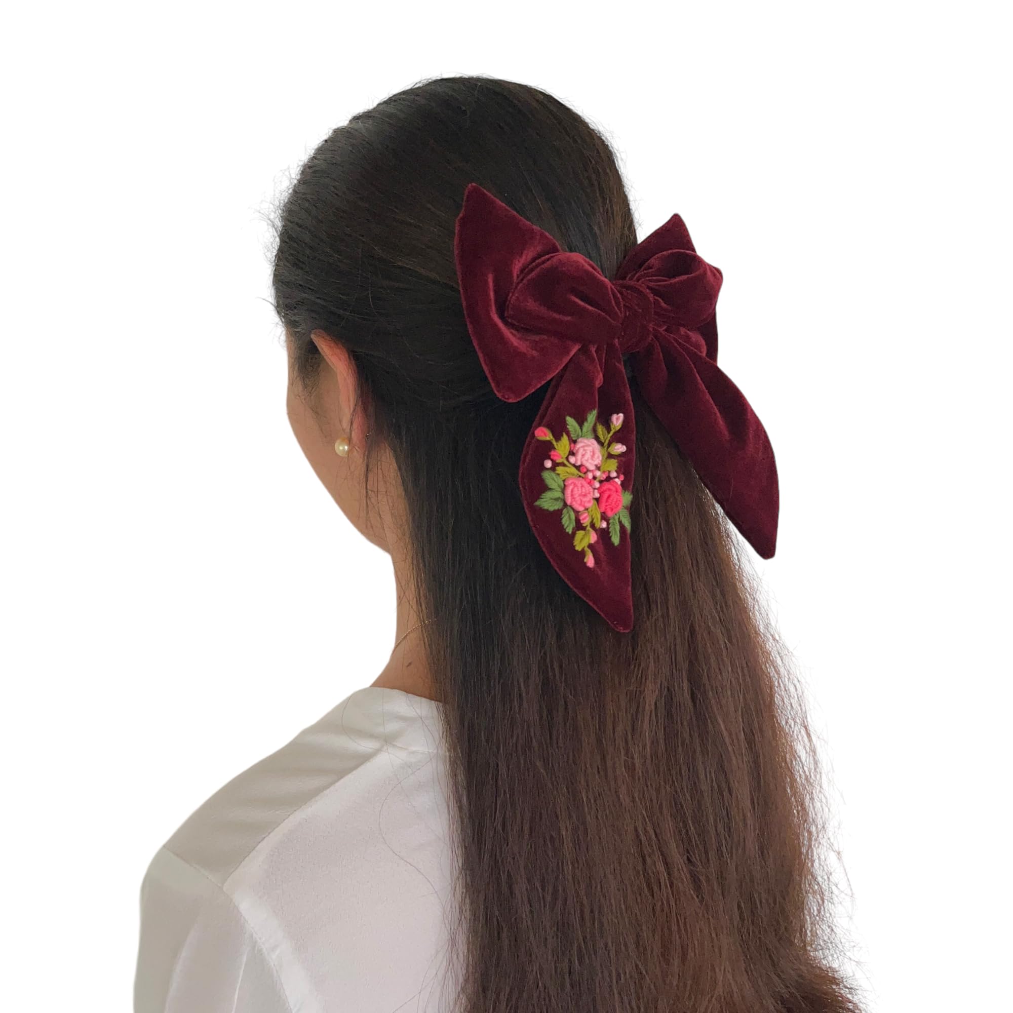 Leonyvie Hand Embroidered Velvet Sailor Bow Hair Clip - Elegant Hair Accessory for Women & Girls (Perfect for Weddings, Parties & Daily Wear)