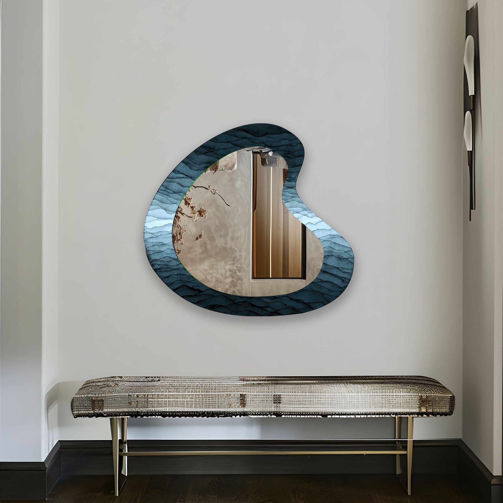 Abstract Blue Asymmetrical Wall Mirror - Modern Decorative Mirror for Living Room, Bedroom, Entryway - Unique Handmade Art Piece for Home Decor