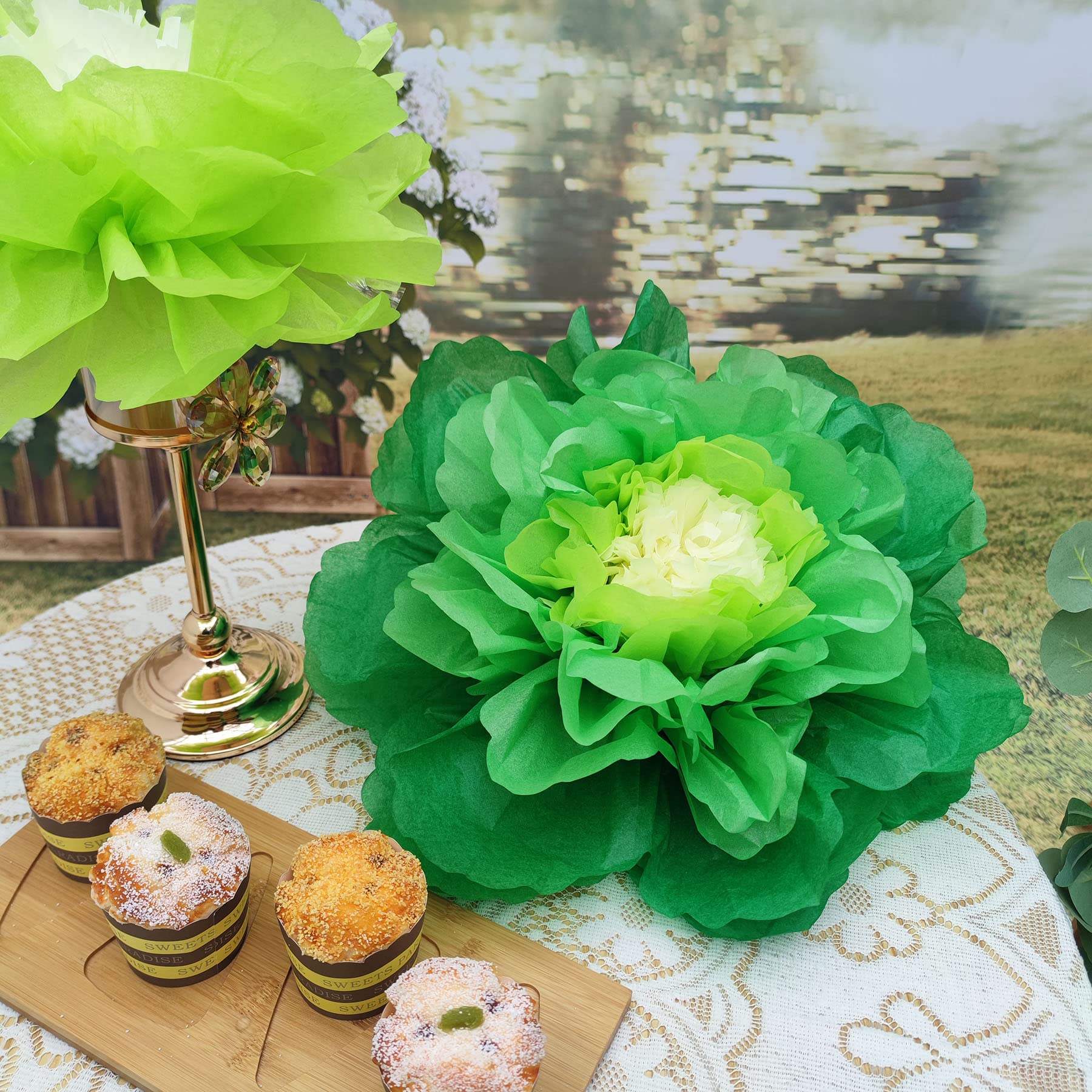 Large Green Paper Flowers - Pack of 4 for Wall Decor | Spring Party, Wedding, Nursery