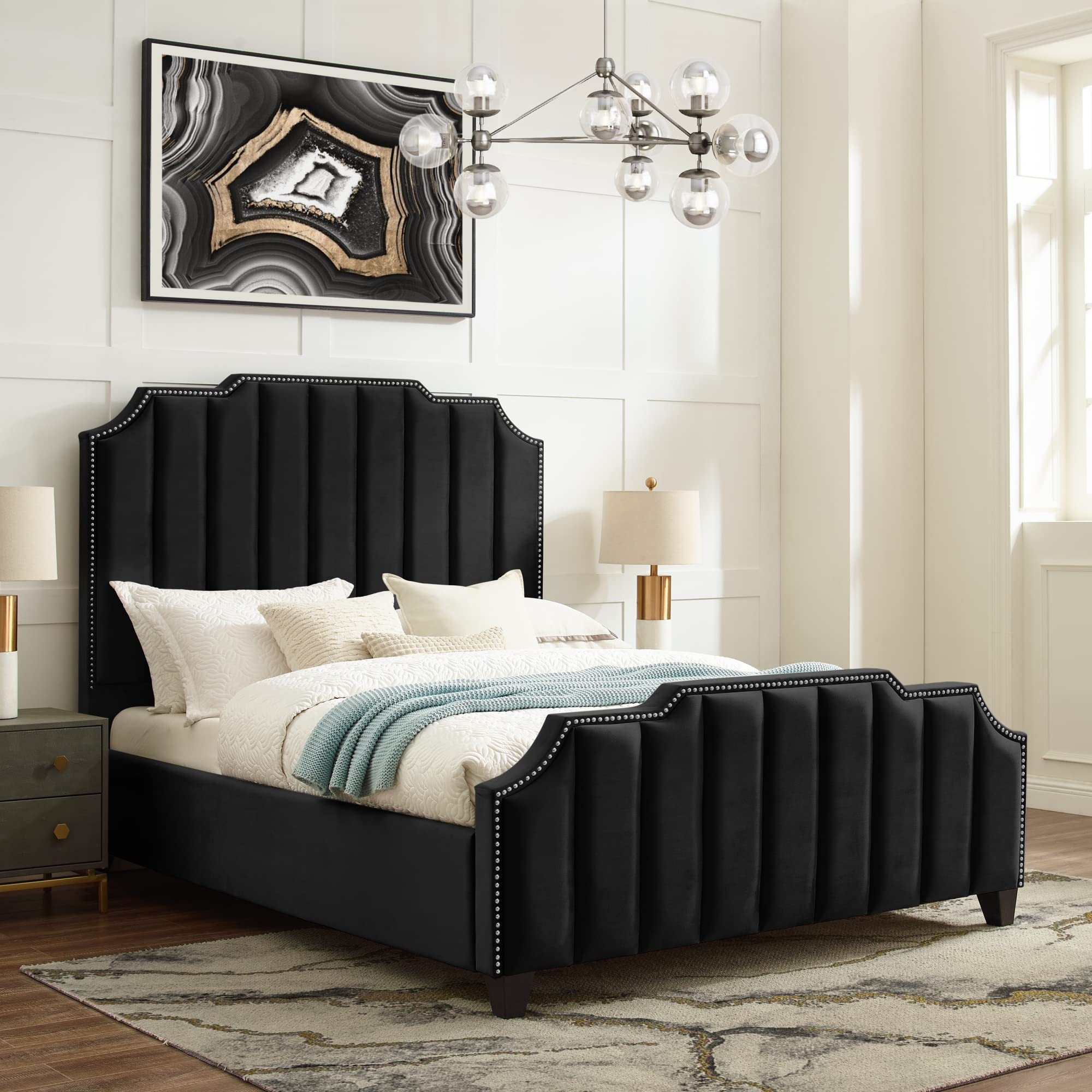 **Poppy Platform Queen Bed - Velvet Upholstered, Channel Tufted with Silver Nailhead Trim, Black - Modern Bedroom Furniture for Luxury Master Suite or Guest Room**