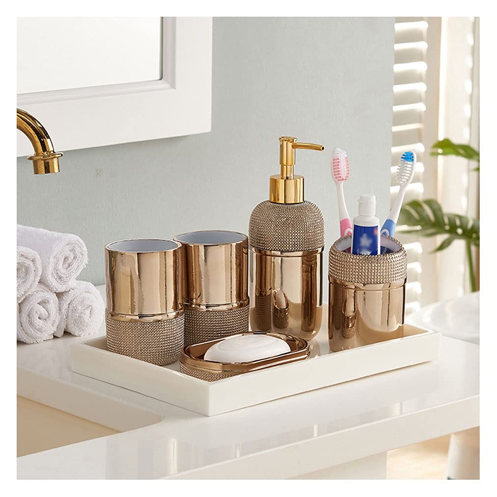 XIANGGUI 1983 Gold 6-Piece Bathroom Accessories Set - Resin Soap Dispenser, Toothbrush Holder, Tumbler, Soap Dish & Ceramic Tray - Elegant Gold Bathroom Decor for Sink Countertop Organization - Perfect for Home, Hotel & Spa Decor