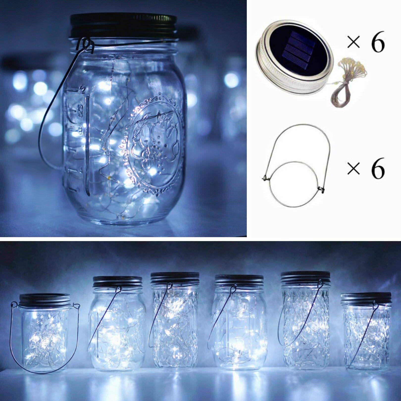6 Pack Solar Mason Jar Lights - 20 LED Fairy String Lights with Hangers, Waterproof Firefly Lanterns for Outdoor Wedding, Garden, Patio & Christmas Decor (Cold White) | Perfect for Backyard Parties, Romantic Evenings & Holiday Lighting