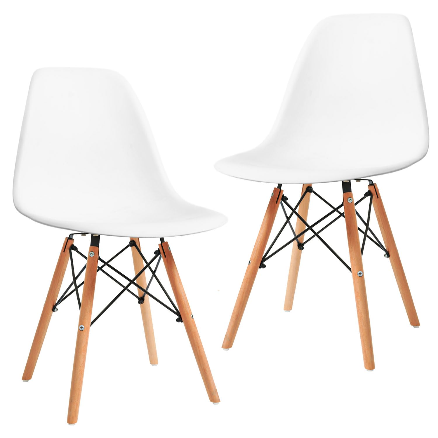 Modern Mid-Century Dining Chair - Set of 2 White Plastic Shell Chairs with Natural Wooden Legs for Kitchen, Dining Room, Bedroom & Living Room | Comfortable Lounge Seating for Home Decor & Entertaining