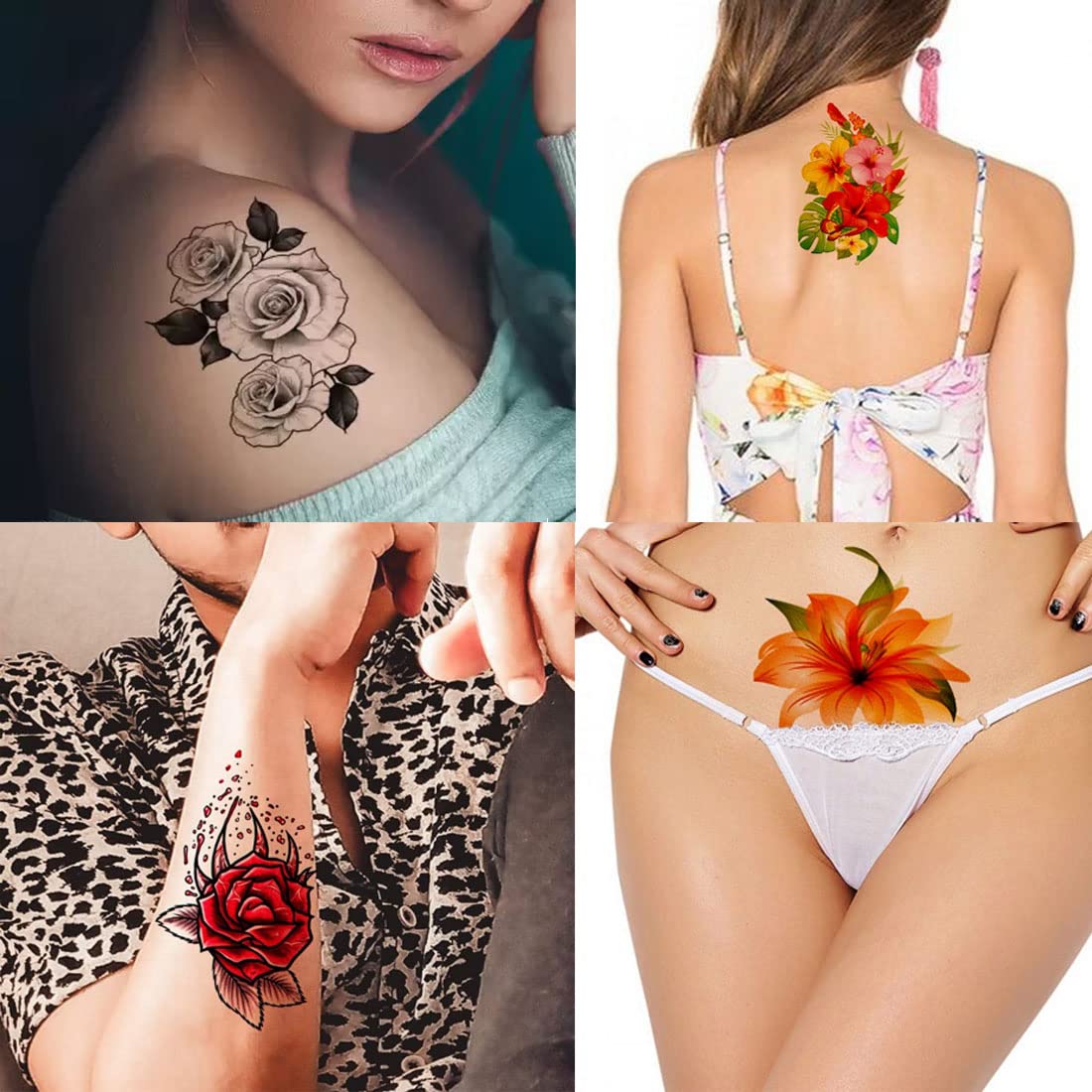 Waterproof Temporary Rose & Hibiscus Flower Body Tattoos for Men & Women - Pack of 4 Red Floral Fake Tattoos - Perfect for Parties, Festivals, Beach Vacations and Body Art